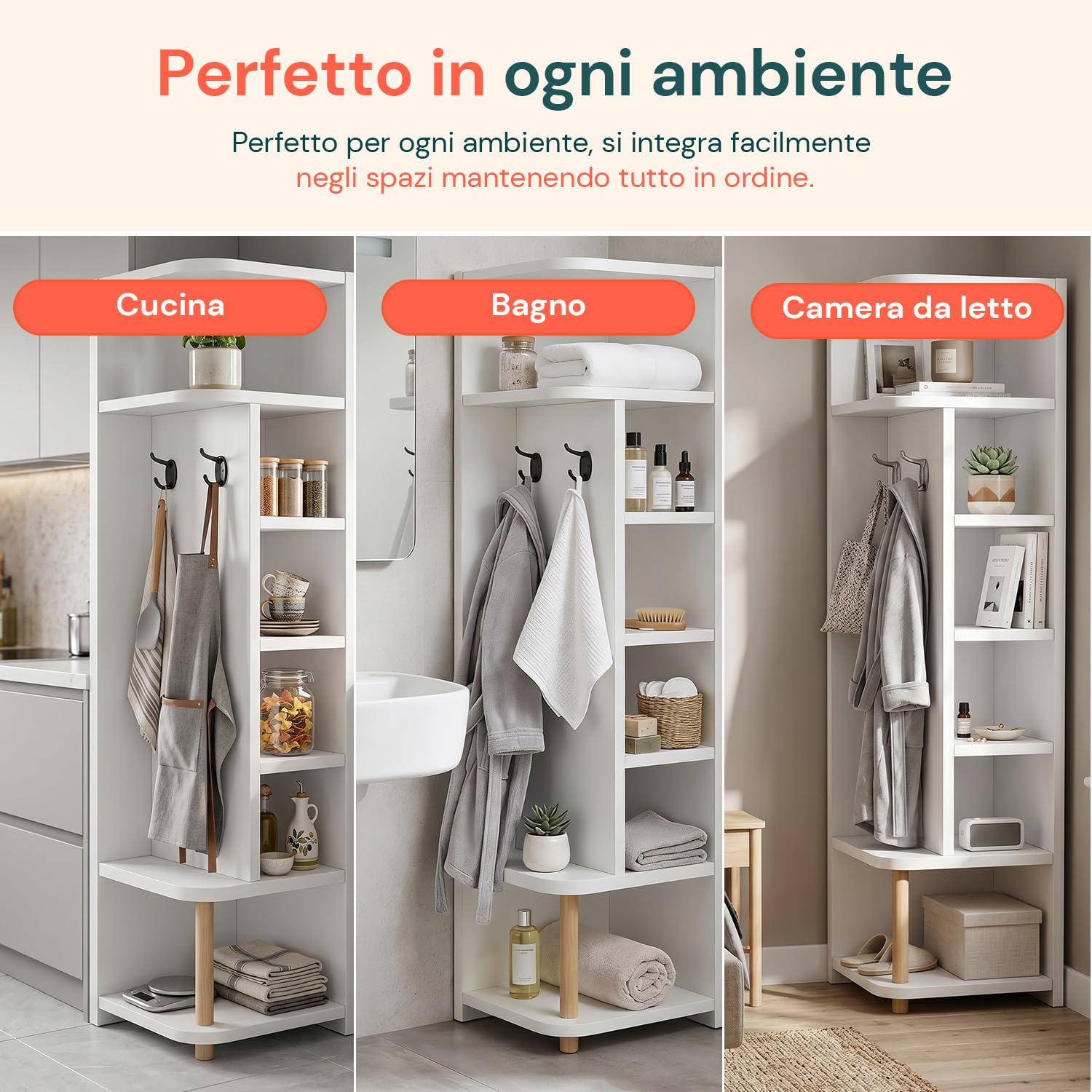 Avilia - Scaffale Angolare Bianco a 7 Livelli – Libreria Verticale Salvaspazio h 180 cm – Mobile ad Angolo con 2 Ganci Laterali Appendiabiti – Struttura Robusta per Soggiorno, Bagno e Ingresso – 30x30