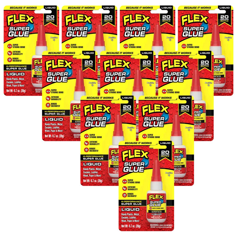 Flex Super Glue Liquid, 20 Gram Bottle, 10-Pack, Clear, Instant Bond, Quick Dry, Cyanoacrylate Adhesive, Precision Tip for Wood, Metal, Plastic, Crafts, Ceramic, and Toy Repairs