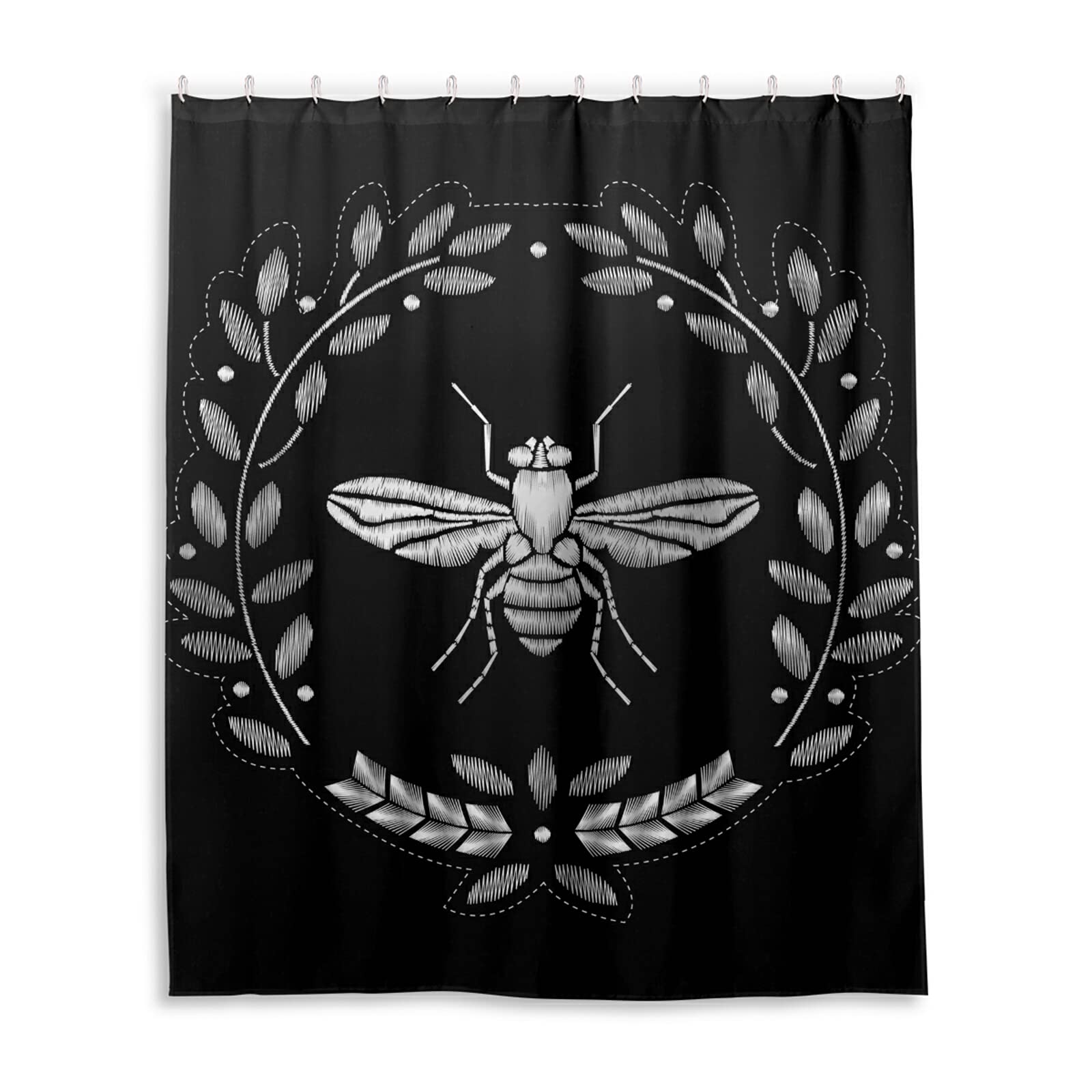 Embroidery Heraldry with Silver White Bee Golden Bee on Black Dark Waterproof Shower Curtain, Machine Washable Polyester Cloth with 12 Hooks, No Smell Bath Tub Stall Curtain Liner 60"(W) x72(H)