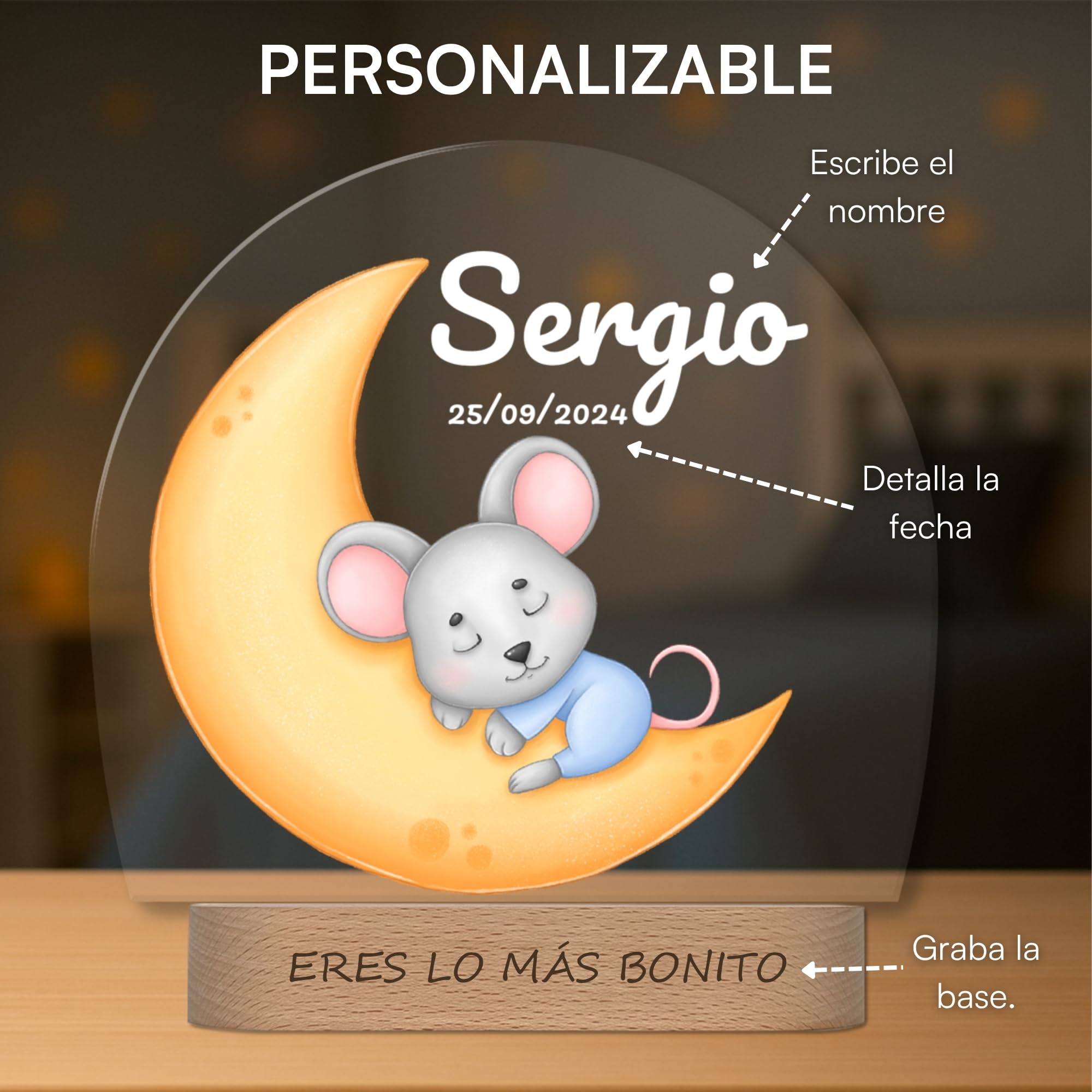 Lámpara Infantil Personalizada con Nombre y Fecha - Luz Quitamiedos LED - Regalo Bebé Recién Nacido, Bautizo o Cumpleaños - Decoración Infantil (Ratón)