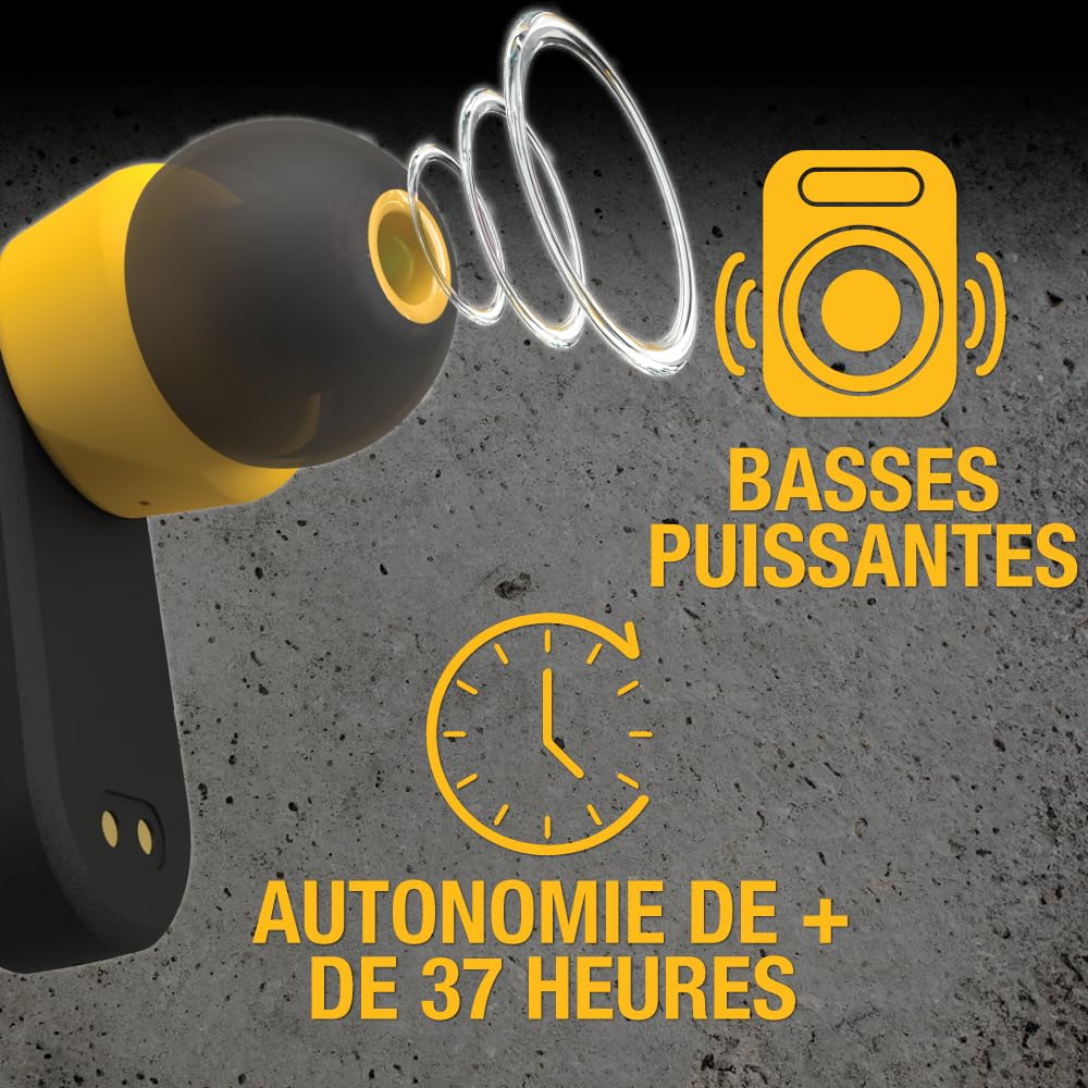 DEWALT Écouteurs sans Fil Robustes Casque Bluetooth avec étui de Chargement de Type C Inclus, Plus de 37 Heures d'autonomie, Installation Facile pour iPhone, Parfait pour Le Chantier, Jaune