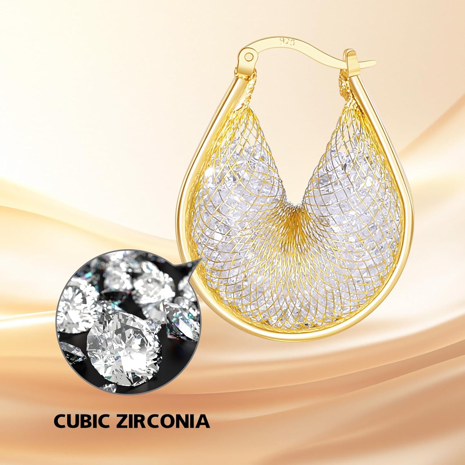 14K Gold Plated 25–33mm Mesh Hoop Earrings for Women, Cubic Zirconia, 925 Sterling Silver Post, Hypoallergenic Jewelry - Image 7