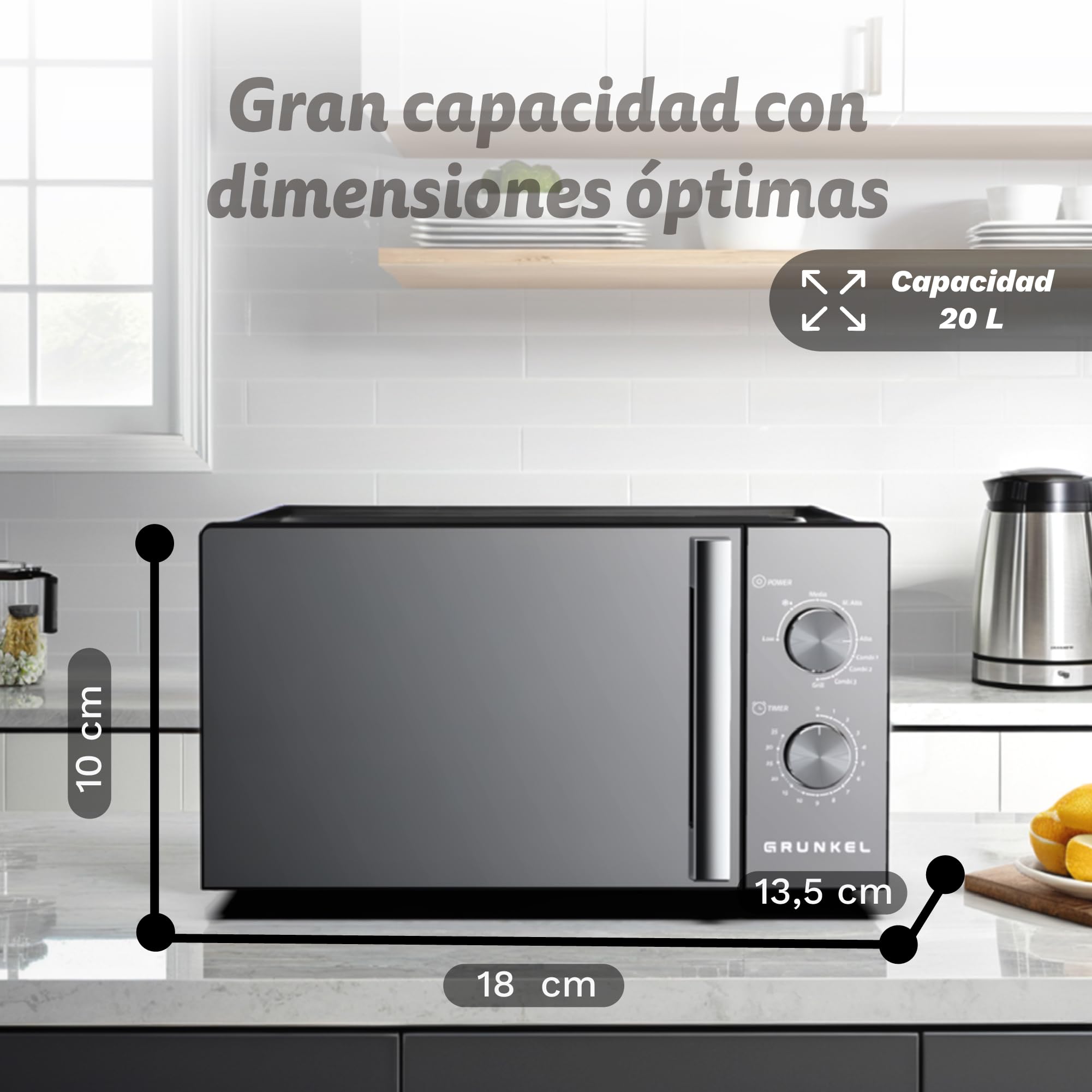 Microondas con grill Grunkel MWG-20ESPEJO de 20 litros y 700w con funcion grill 800w. Temporizador de 35 minutos 5 niveles de potencia y 3 modos combi. Acabado frontal espejo