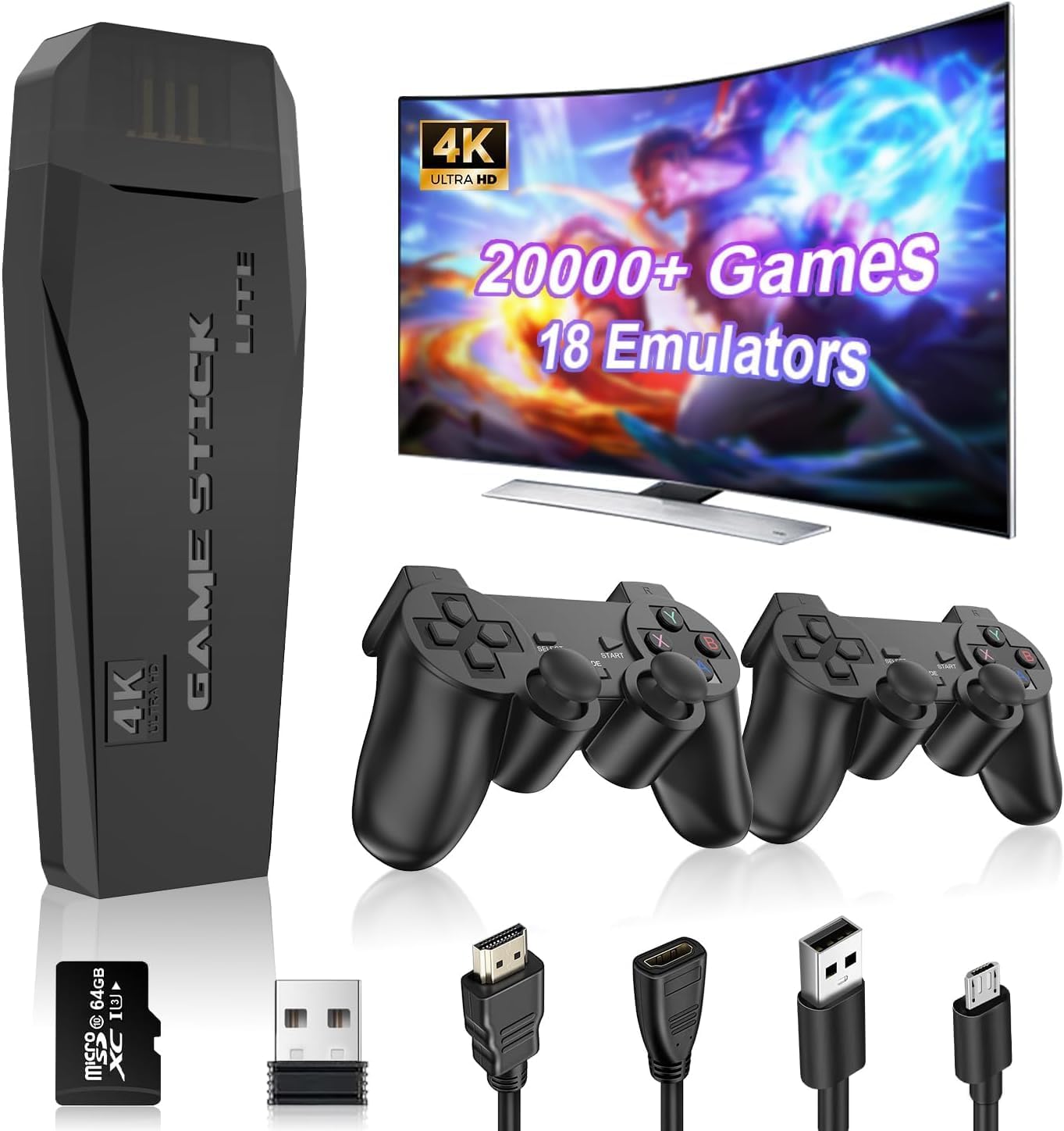 Viart Creation® Wireless video games for tv gaming Retro gaming console with Game Stick 4K Plug & Play TV Video Game Set for 2 player with 9Emulator for Kids & Old School Station Video Game (20K)