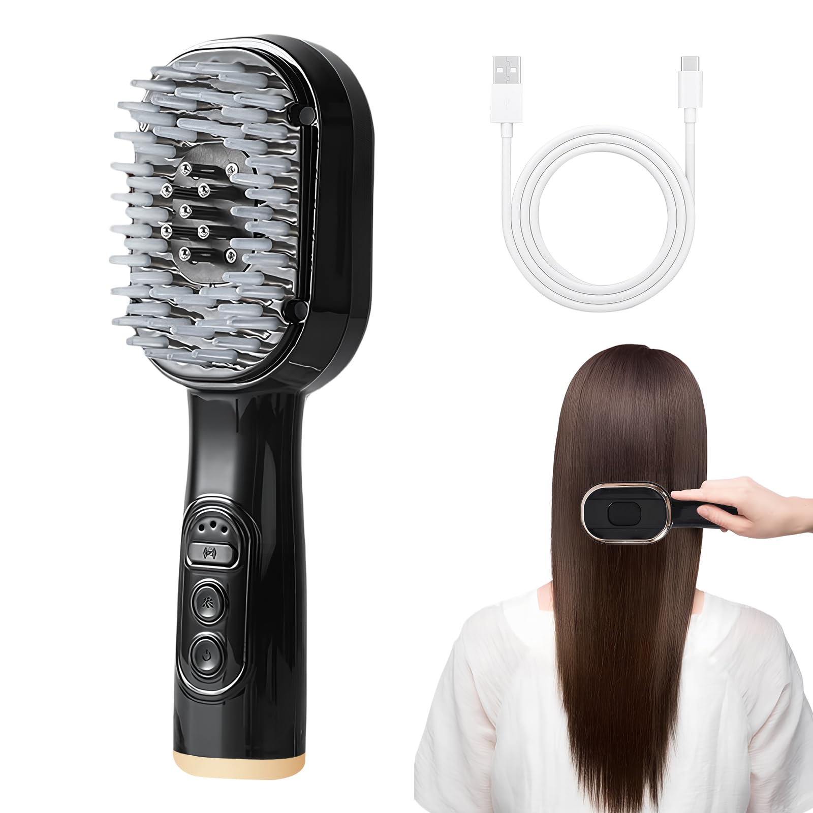 Cepillo Eléctrico de Masaje del Cuero Cabelludo, Peine Masajeador Capilar con Luz Roja Azul y Aplicador de Aceite 30ml, 4 en 1 Cepillo de Peine Masaje, para Aliviar Fatiga & Nutrir Cabello (Negro)