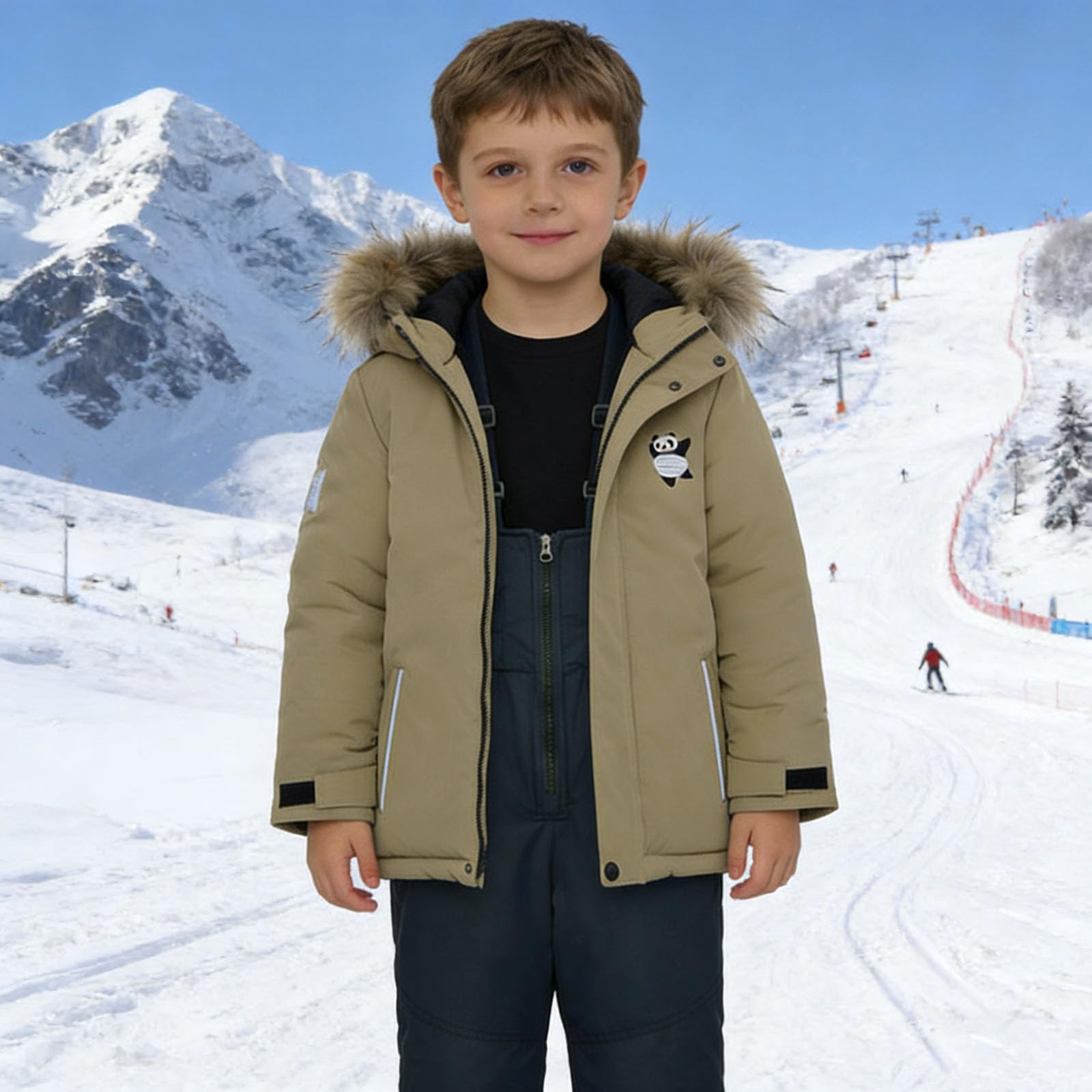 Generisch Traje de invierno para deportes de invierno con peto, resistente al viento, cálido, impermeable, traje de nieve para niños y niñas, ropa de juego (caqui, 5-6 años)