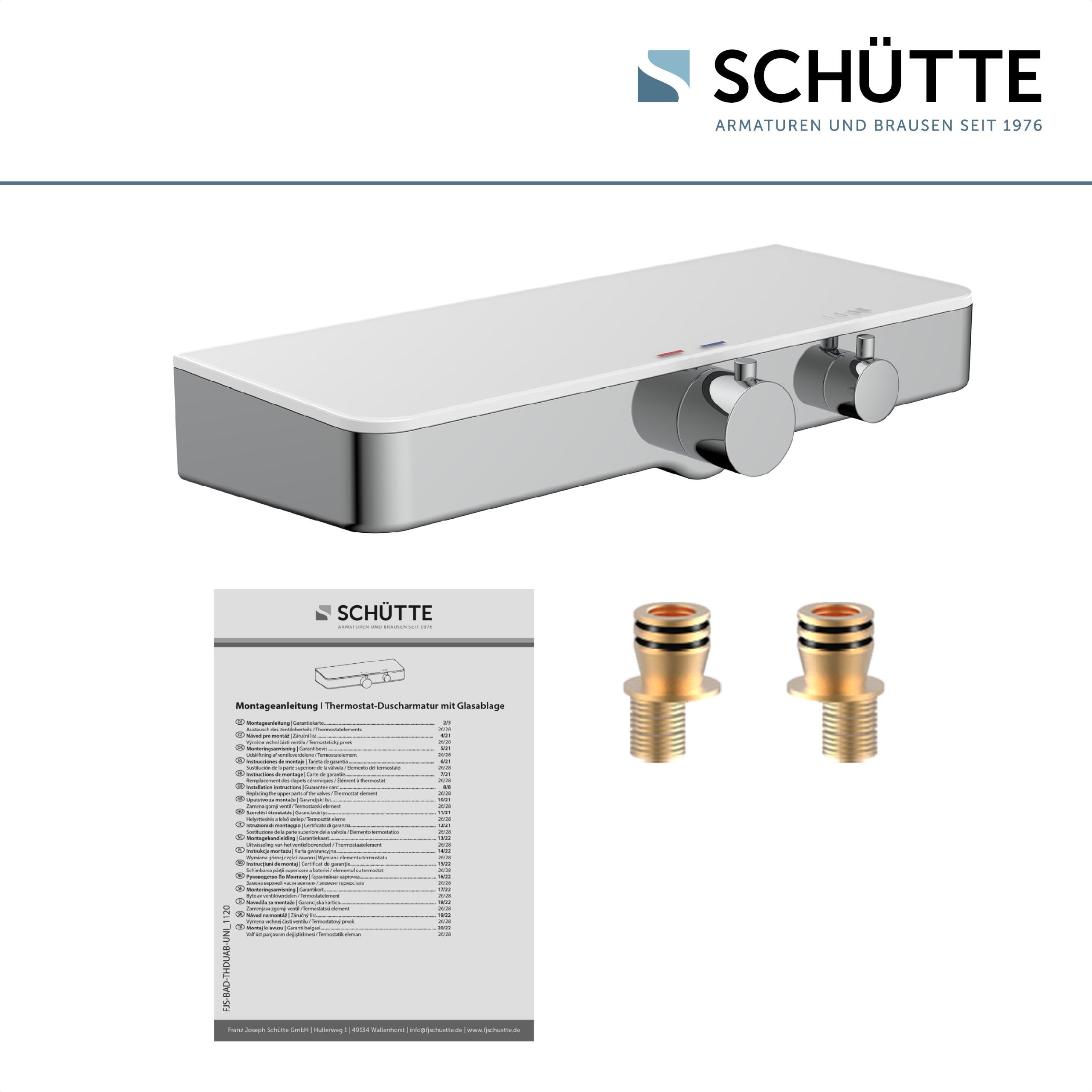 SCHÜTTE 60535 Ocean Thermostat Duscharmatur Set, Mischbatterie Verbrühschutz bei 38 Grad, Armatur Einhebelmischer Dusche mit Ablage aus Sicherheitsglas, Weiß