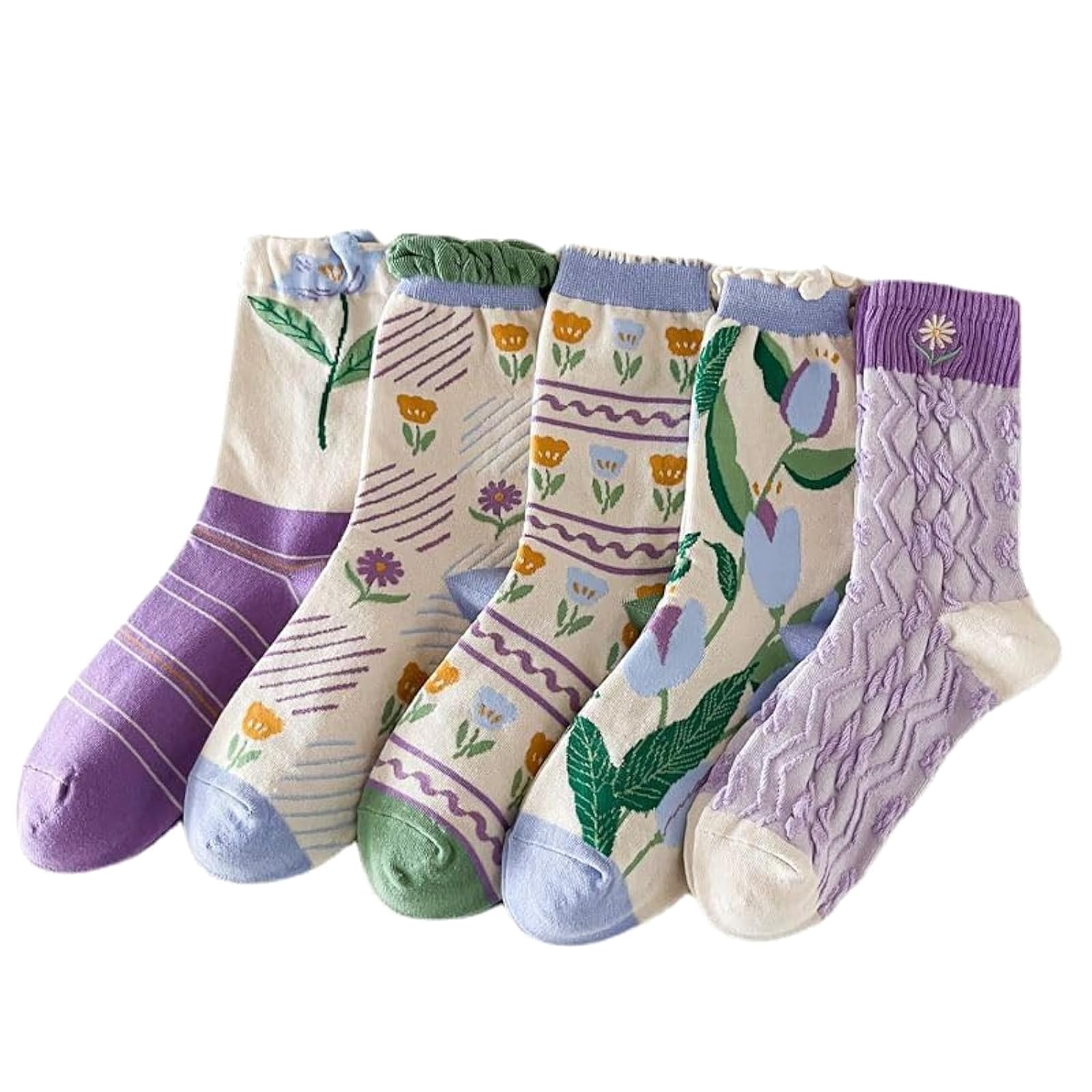 CEAeis 5 Paia Womens Floral Cotton Socks, Cartoon Modello di Fiore Calzini, Carino Fiore Cotone Crew Socks per Le Donne