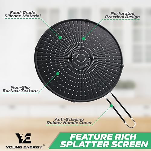 Miniatura 5 de Young Energy Pantalla de silicona para cocinar, sartén con embudo de aceite plegable, protector contra salpicaduras de grasa, antiadherente,