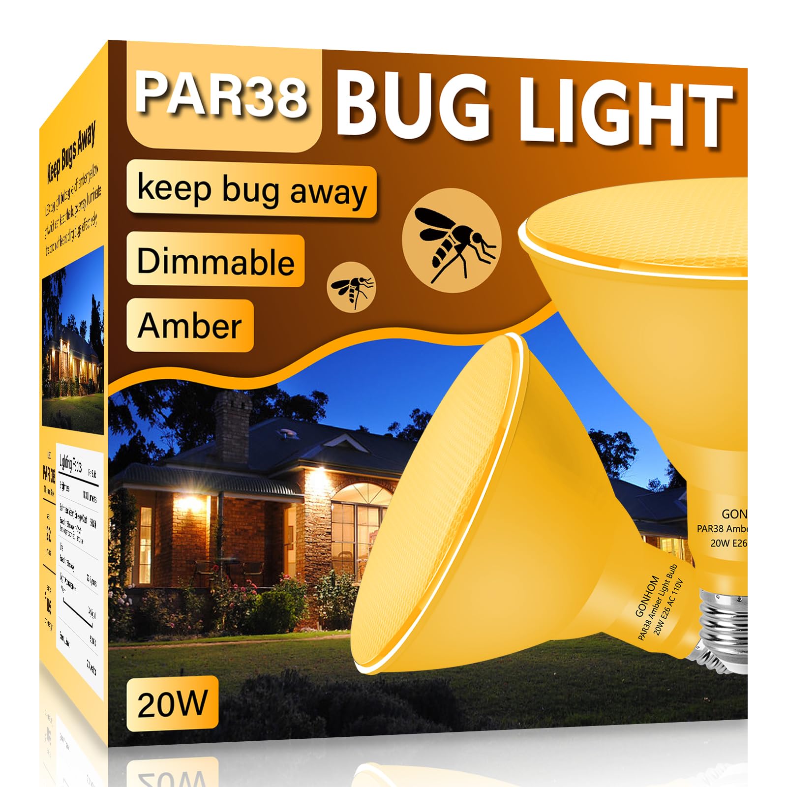Gonhom PAR38 Bug Flood Light Bulbs Outdoor,2 Pack-Dimmable,Bug