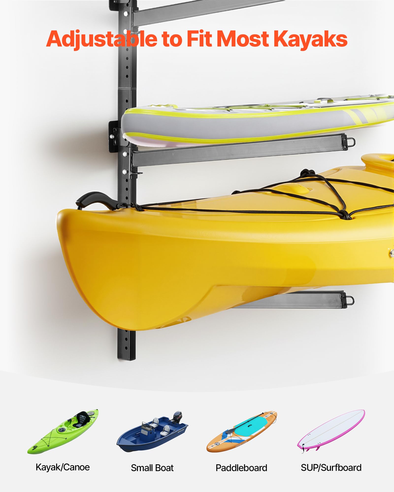 VEVOR Kajak-Aufbewahrungsregal Wandhalterung für 4 Kajaks/Kanus/Surfbretter/Paddleboards/Kleine Boote, Kajakständer mit 136 kg Tragkraft, Einstellbarer Kajakhalterung Lagergestell für Garage Steg