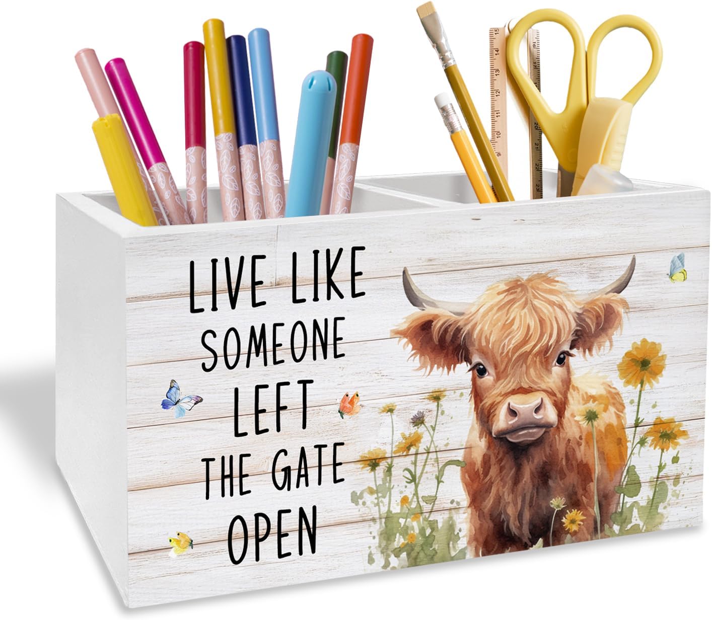 Farm Highland Cow Pen Holder for Desk, Highland Cow Gifts Pencil Organizer, Live Like Someone Left the Gate Open Wooden Box Sign Desk Decor for Girls Room Home Office Decoration