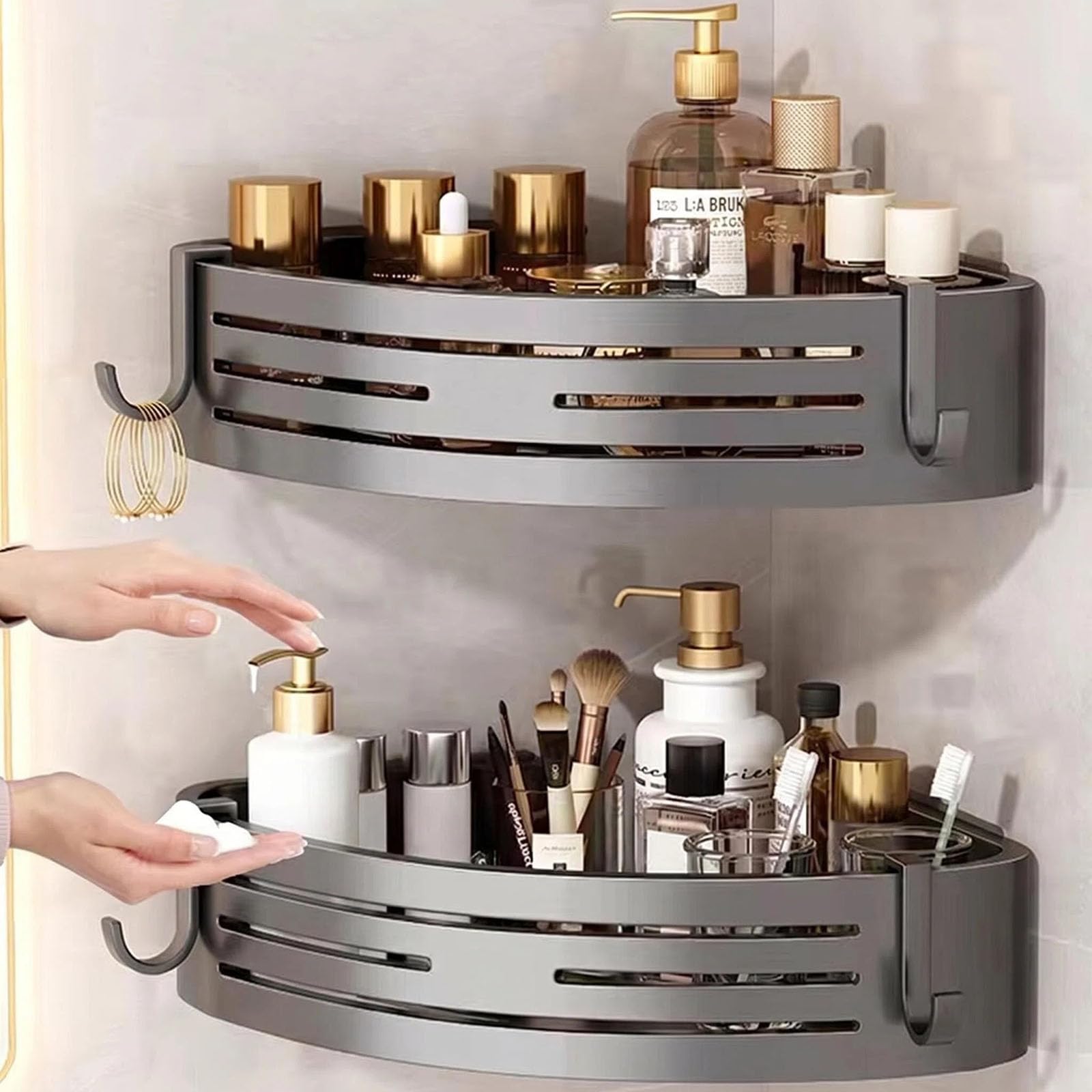 Jentyata 2-Tier Corner Shower Shelf with Hooks - No Drill Caddy, Strong Space Saving Bathroom Storage Organiser, Black Bathroom Accessories for Shower, High Version, Waterproof Space Aluminium (Grey)
