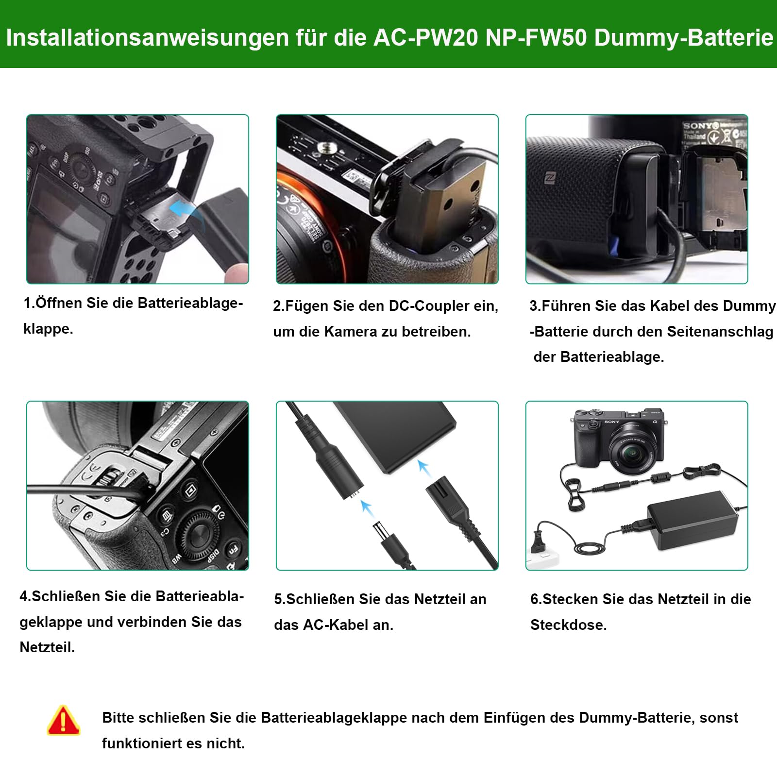 AC-PW20 Netzteil NP-FW50 Dummy Akku Kit für Sony Alpha ZV-E10 A7 A7R A7S A7II A7RII A7SII A6500 A6400 A6300 A6100 A6000 A5100 A5000 RX10 II III IV NEX-3 NEX-5 NEX-7