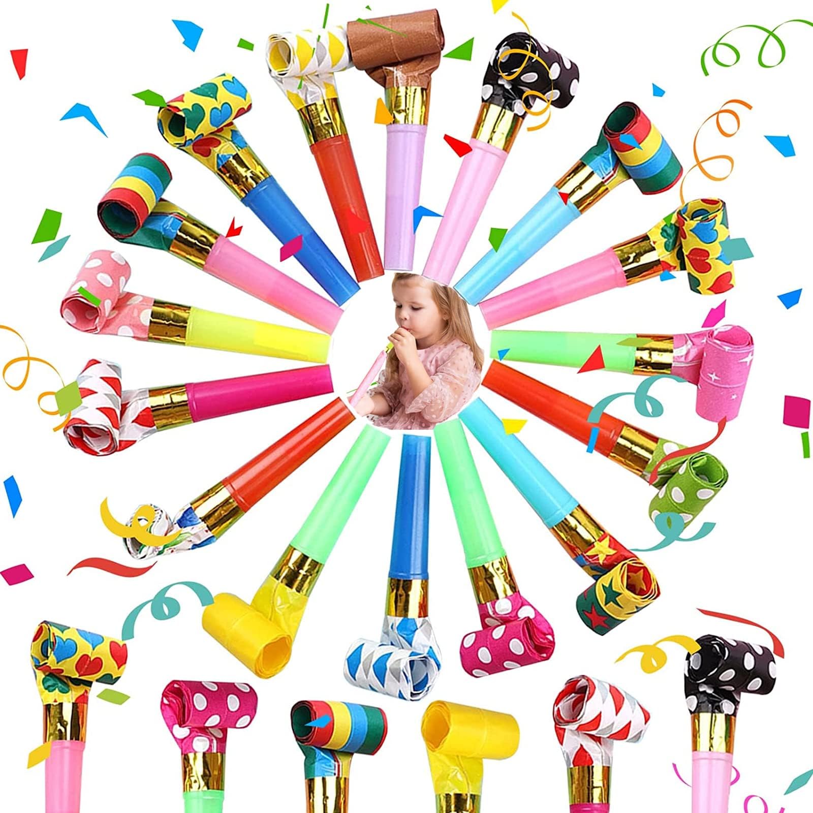 MORJCG 20Pcs Party Blowers, Blowers for Kids, Whistles Colourful Blowouts, Plastic Loot Bag Filler Noise Toy Birthday, Wedding, Graduation, Anniversary Decoration