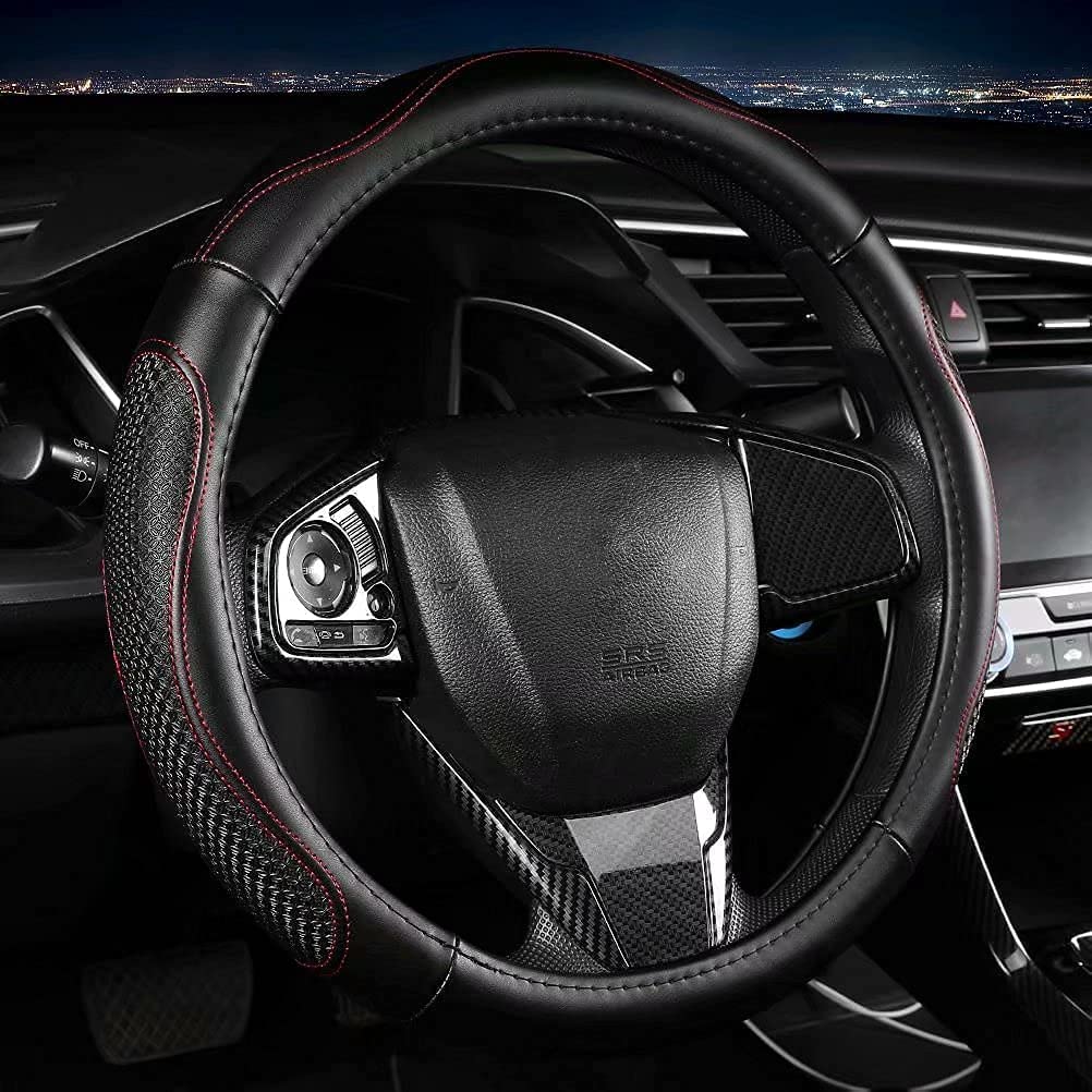 Leather - Car Steering Wheel Cover 15 inch Universal Fit Microfiber Steering Wheel Cover Anti-Slip, Soft, Breathable, Full Surround Car Wheel Cover (Red)