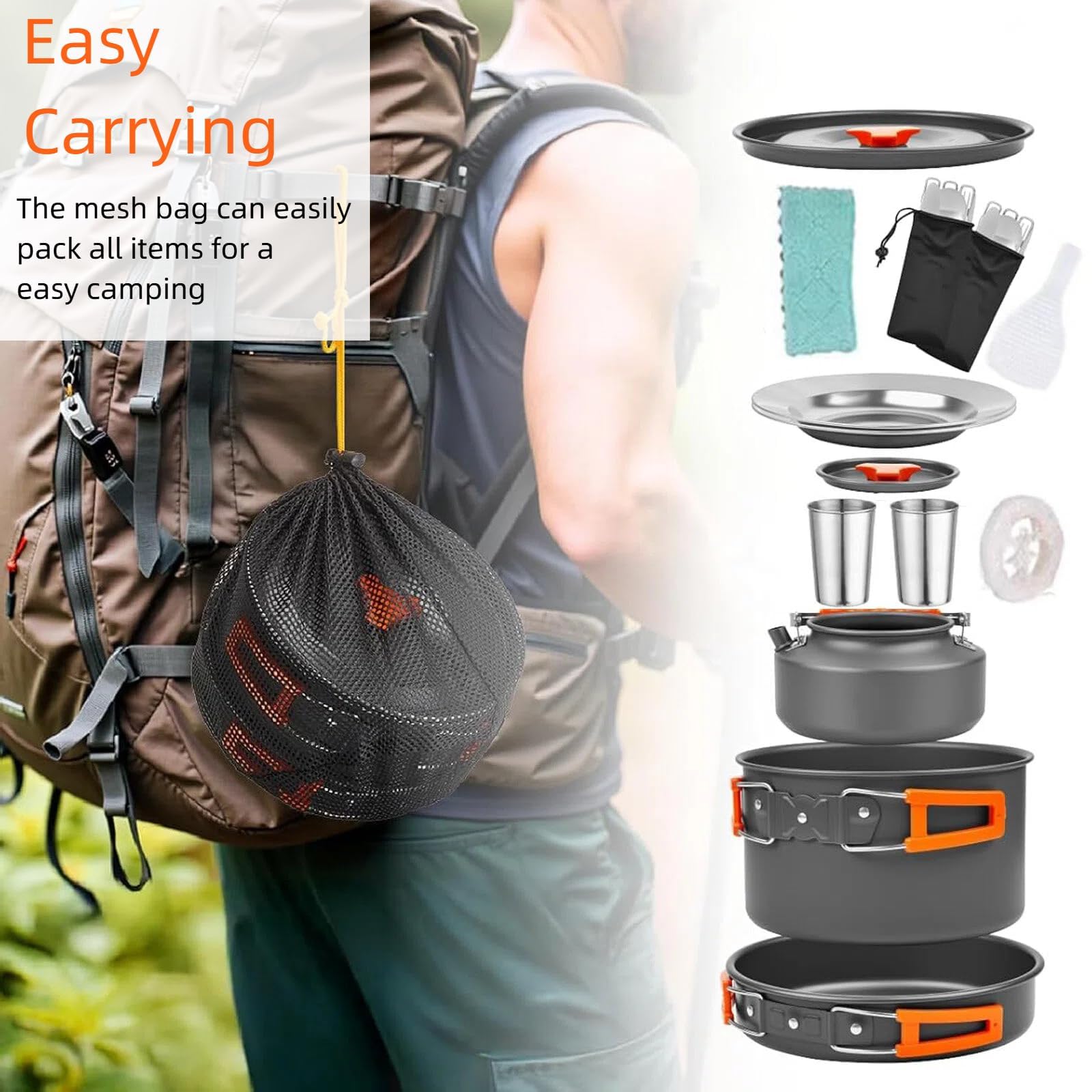 Juego de 19 utensilios de cocina para camping, equipo ligero para mochileros con olla de 0.45 galones, hervidor de 7 pulgadas, juego de equipo de cocina para campamento al aire libre con