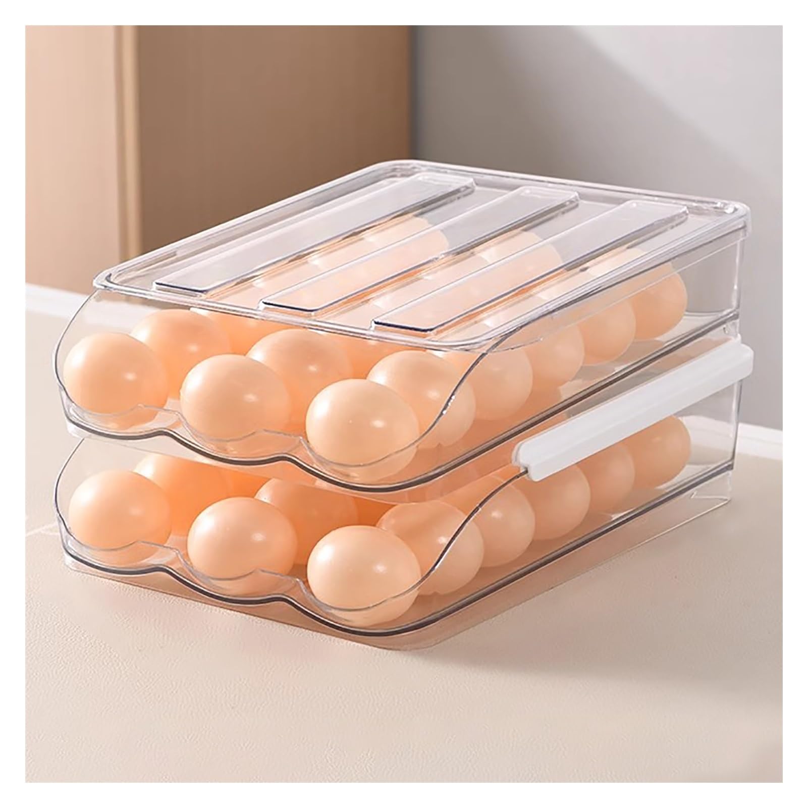 Soporte para huevos para nevera, dispensador de huevos rodante, soporte para huevos de nevera de 18/36/54 huevos organizador con tapa (transparente, 28,5 x 21,5 x 14 cm)