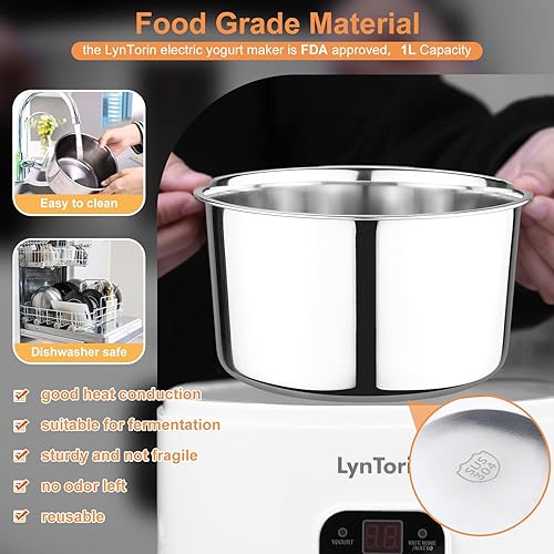 Miniatura 8 de LynTorin Máquina para hacer yogur, máquina para hacer yogur de 34 onzas con temporizador y control de temperatura constante, 3 en 1 para yogurt