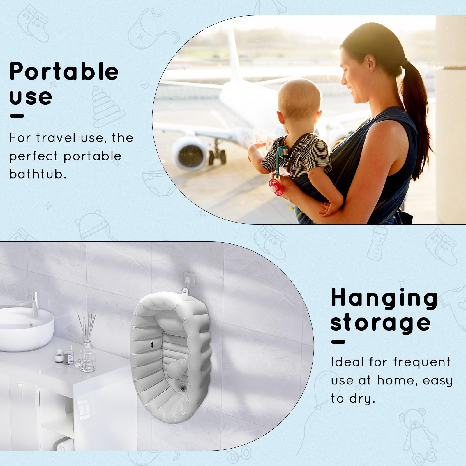 Vaschetta Bagnetto Neonato, Vasca da Bagno pieghevole, Vaschetta Bagnetto Gonfiabile da Viaggioper Bambini Neonati Senza Pompa ad Aria, Antiscivolo Gonfiabile Vasca da Bagno da 0 a 24 Mesi,Blu