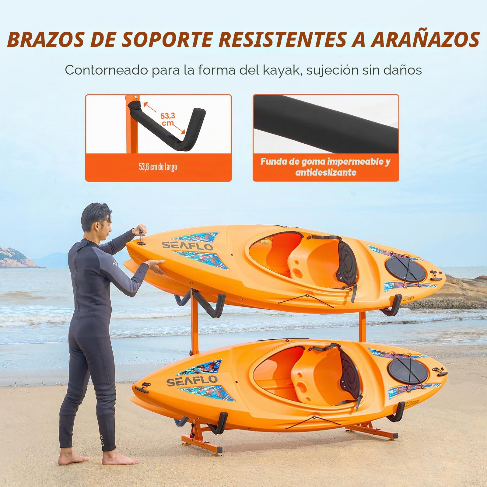 VEVOR Soporte para Kayak Independiente, 4 Piezas de Capacidad, Porta Kayak, Remo para Canoa, Soporte para Tabla de Remo de Acero Resistente con Brazos Acolchados, Ancho Ajustable, Carga 100 kg
