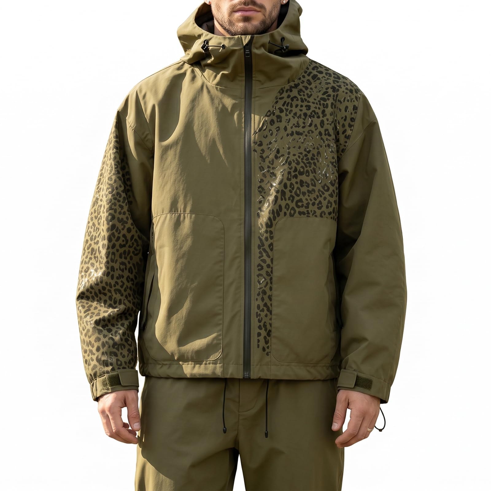 Mens Water Reactive Hooded Jacket Loose Leopard Windbreaker