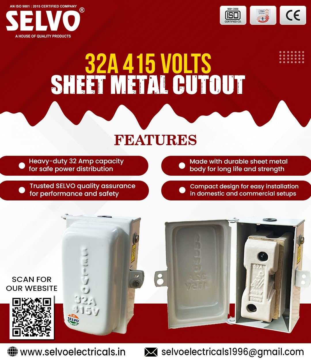 SELVO 32A. 240 VOLT SHEET METAL ENCLOSURE With KITKAT FUSE (PACK OF 4) 1