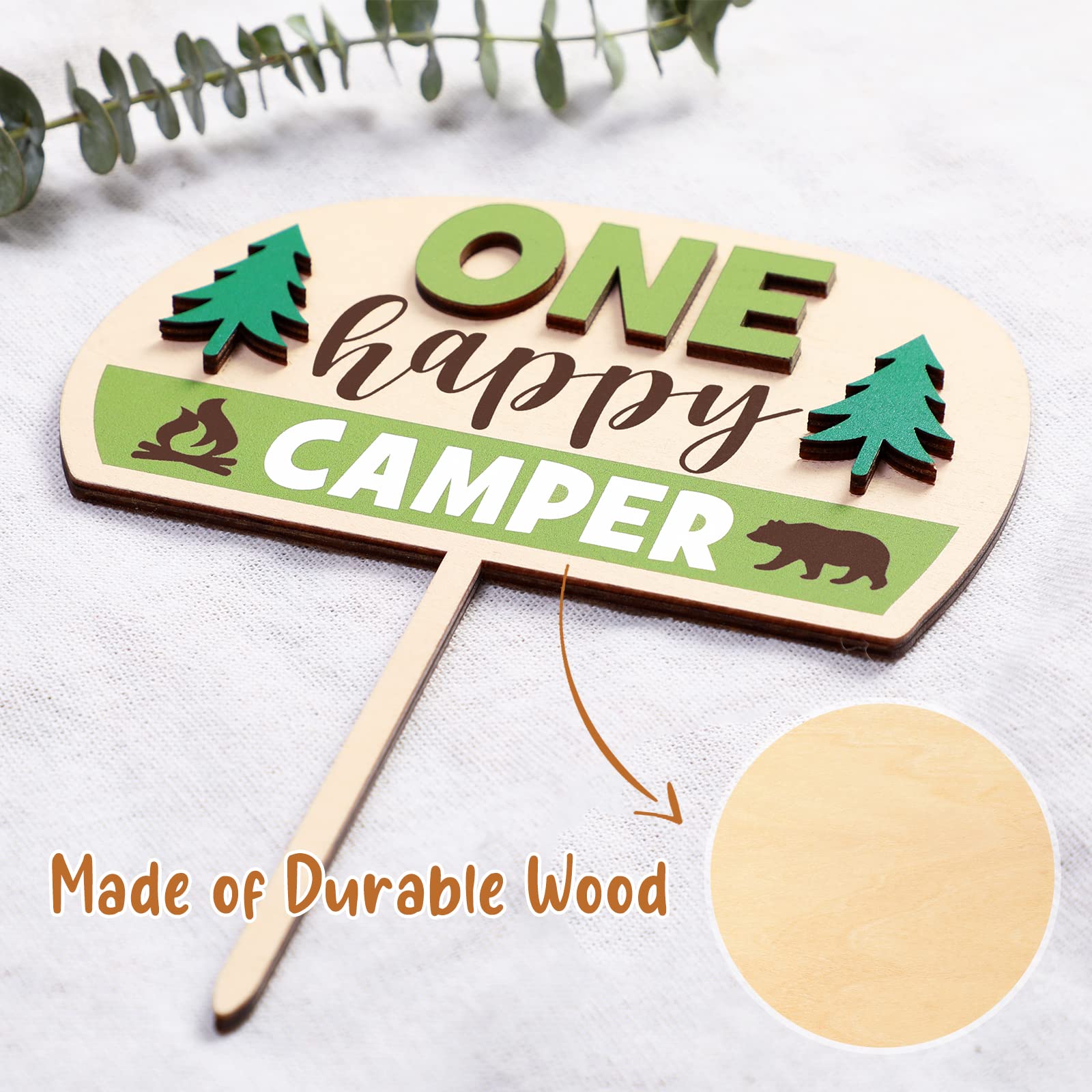 Levfla One Cake Topper, 1st Happy Birthday Camper Wooden Cake Topper First Boy's Camping Cool Kids Party Centerpiece Sign Indoor Outdoor Theme Photo Prop Decoration Ideas Supplies