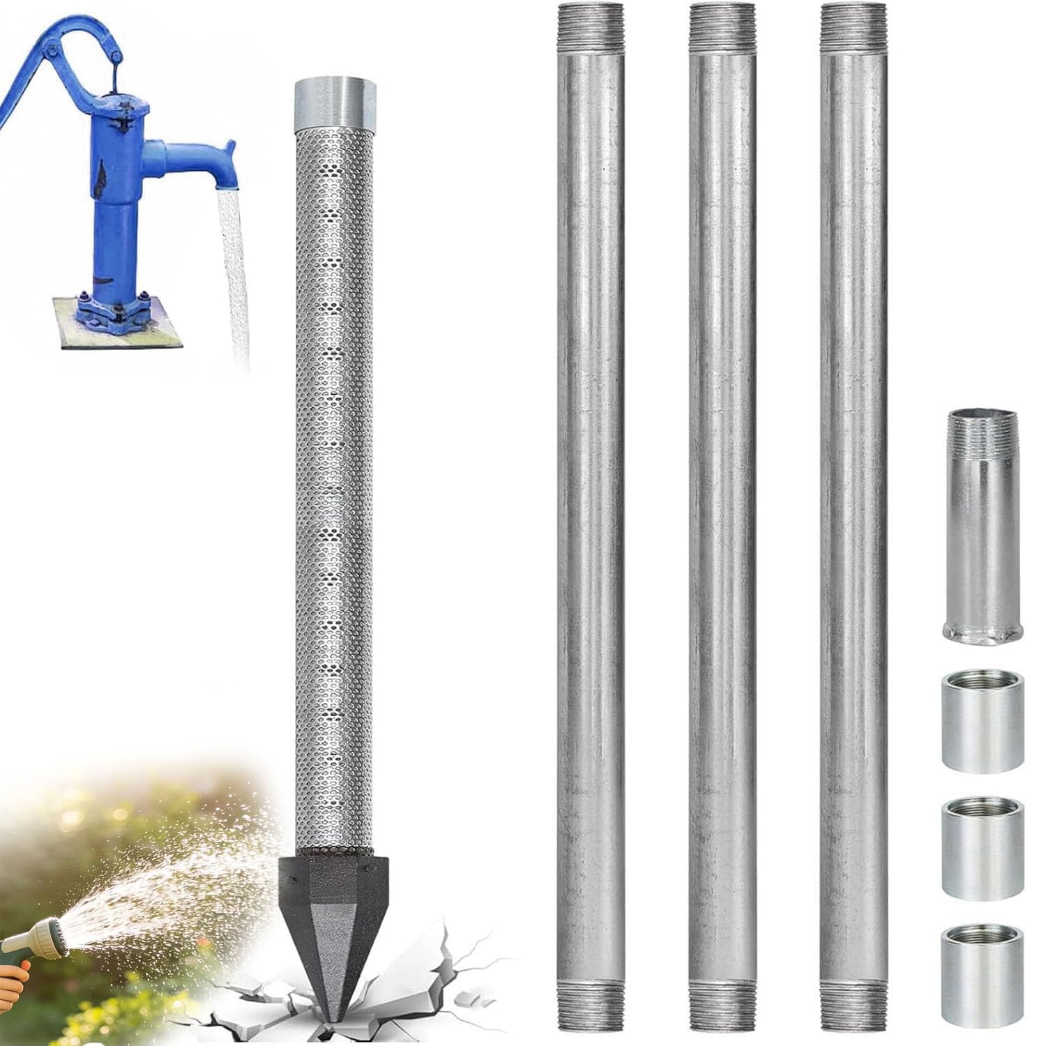 Kit Forjado Manual con Tubos Galvanizados Y Manguitos 3+1kit | Con Tubos Galvanizados Y Manguitos,Protección Anti Sedimentos 60 Mesh,Para Huerto,Jardín Y Exterior