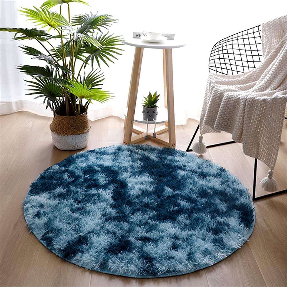Dhao Tapis Ronde Poils Longs Shaggy Moderne Design Épais Anti Slip Lavable Décor Ultra Doux De Peluche Chambre à Coucher Salon Tapis Décoratif (Bleu,180x180cm)