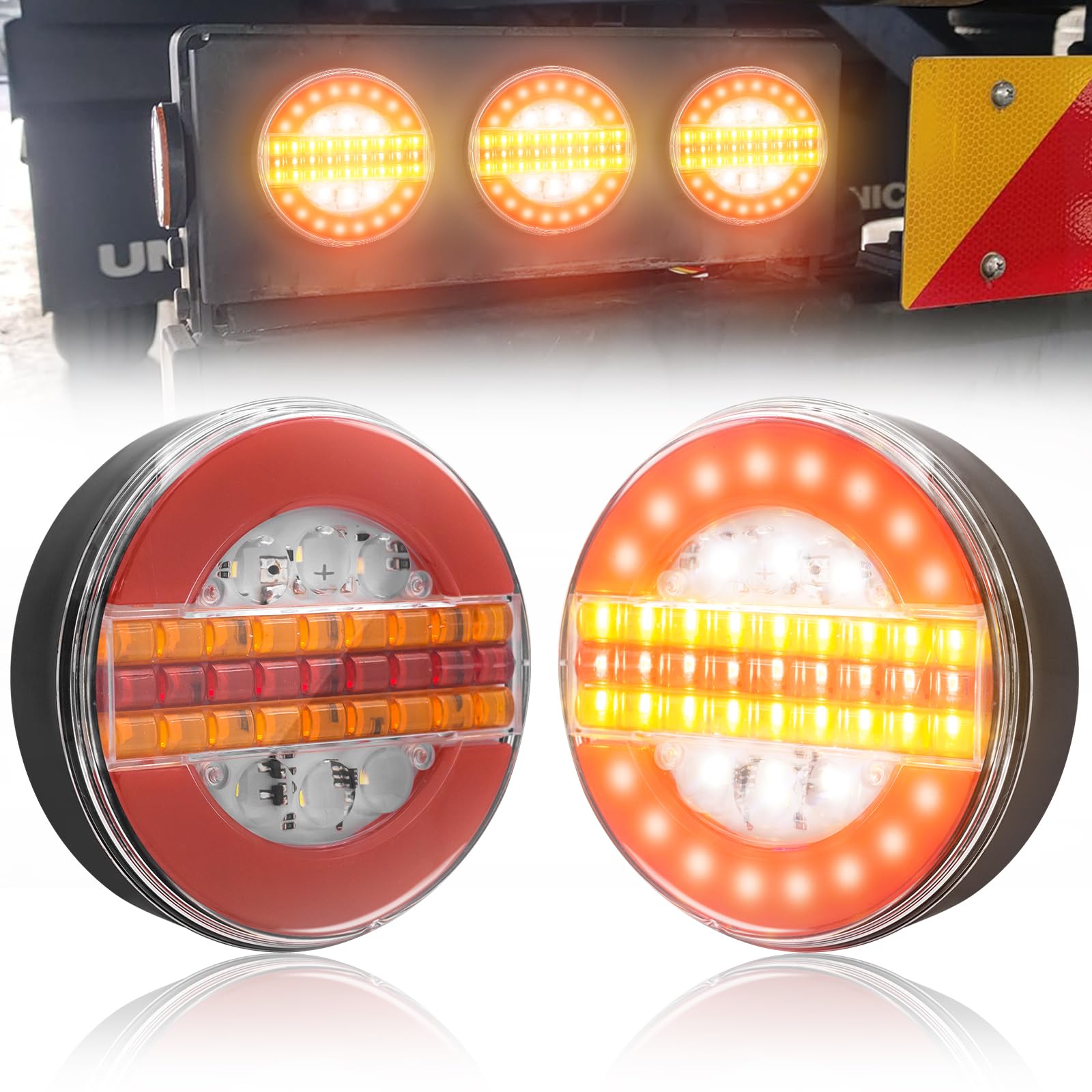 2PCS 49LED Luci Posteriori 24V Indicatore di Frenata,5.4 Inch Rotonda Luce Fanale Posteriore Rimorchio Hamburger Fanali Posteriori Dinamici per Camion,Caravan
