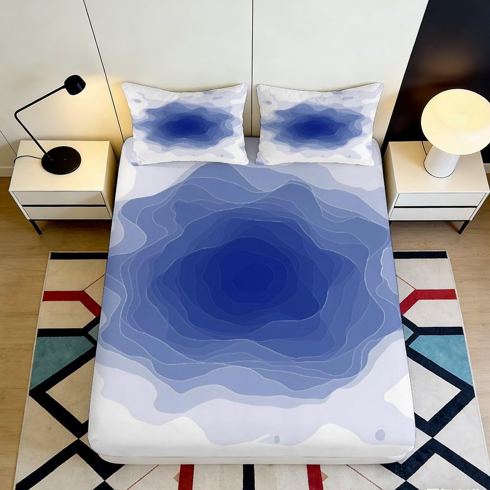3D Printed Blue Abstract Lake Pattern Fitted Sheet Microfiber Soft Mattress Cover for Bedroom Dorm Home Decor 160x200x25cm