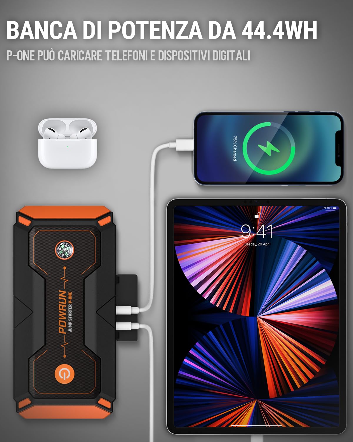 Powrun P-ONE Avviatore Batteria Auto,2000A Avviatore di Emergenza per Auto(Motori Fino a 8.0L Gas o 6.5L Diesel),12V Booster Avviamento Auto con Torcia a LED&USB Quick Charge 3.0,Custodia da Trasporto