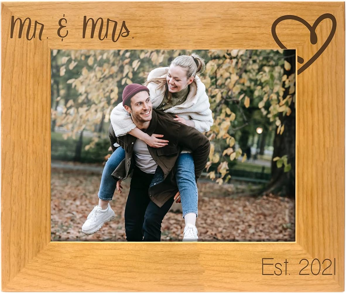 PlaqueMaker Rustic Red Alder Mr & Mrs Established 2021 Wedding Frame - A Great Gift for The Newlyweds for Your Wedding Anniversary or Vow Renewal-Holds a 4x6 or 5x7 Landscape Photo (8 x 10)