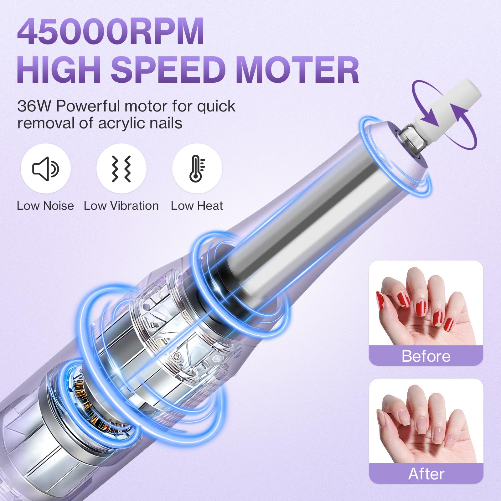 Ponceuse pour Ongles Professionnelle 45000 RPM 36 W, Ponceuse Ongles Portable avec Écran LCD & Support et 11 Embouts,Lime à Ongle Electrique Silencieux, Conçu pour Les Salons (violet)