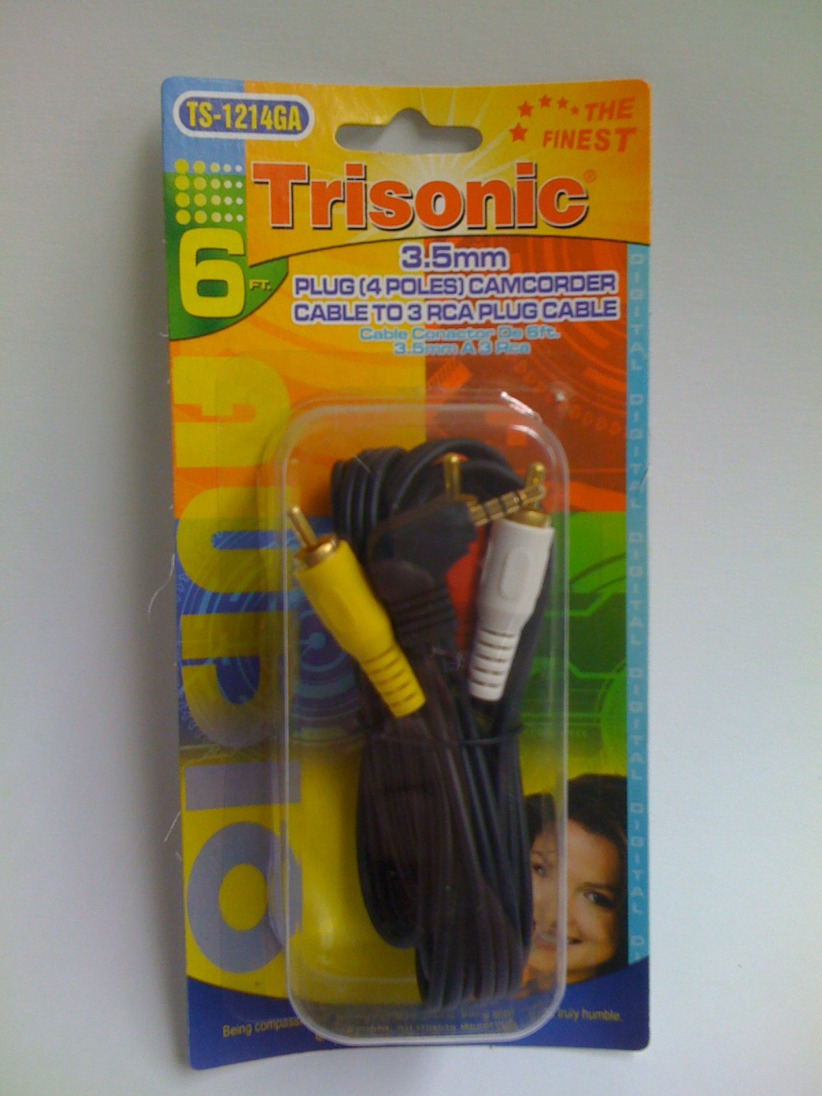 6 Ft. 3.5mm plug camcorder cable to 3 RCA TS-1214GA Plug Adapter Connectors Video Cables by Trisonic