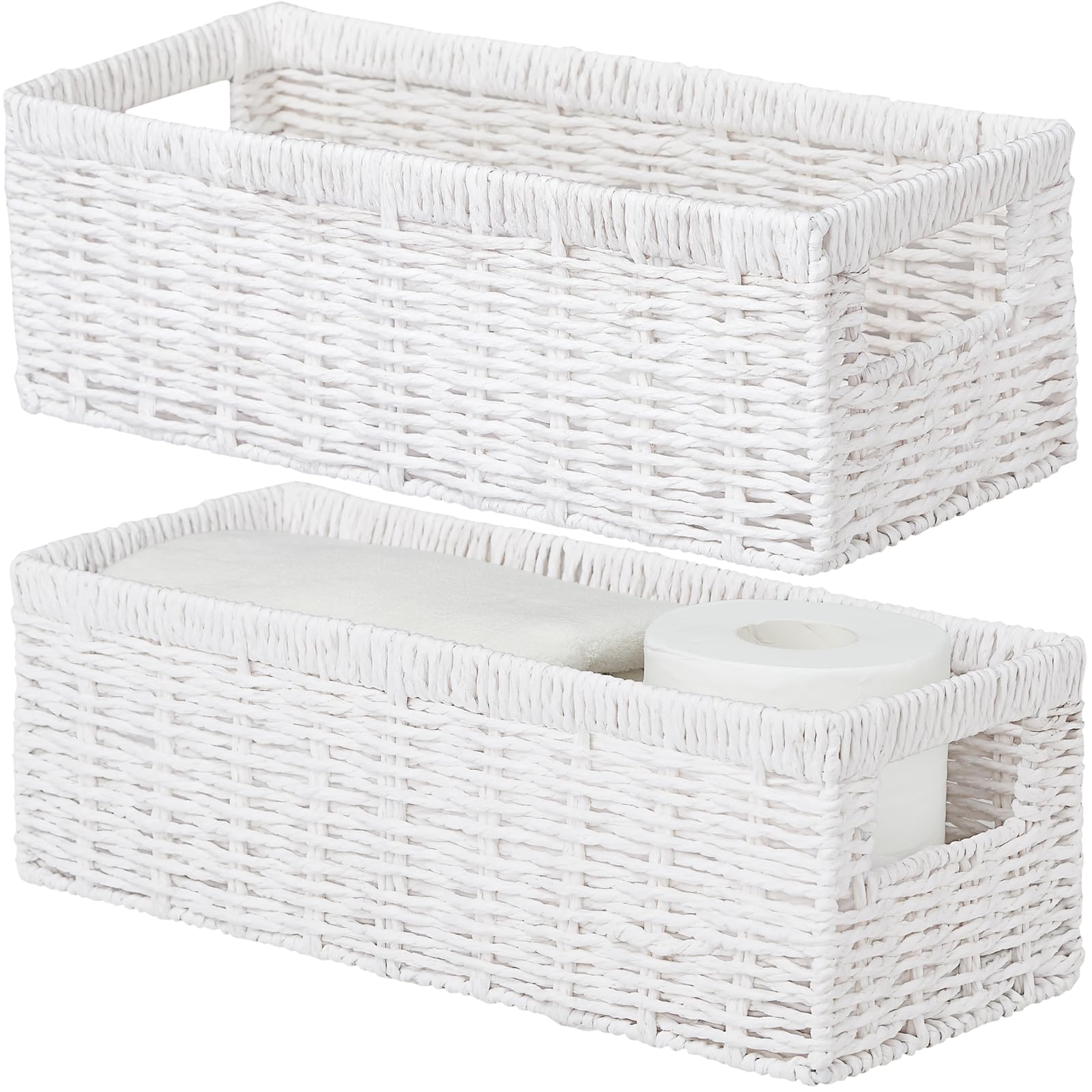 Vagusicc Wicker Storage Basket, Paper Rope Wicker Baskets with Handles, Toilet Paper Basket for Toilet Tank Top, Small Wicker Baskets for Organizing Shelves, 2-Pack, White