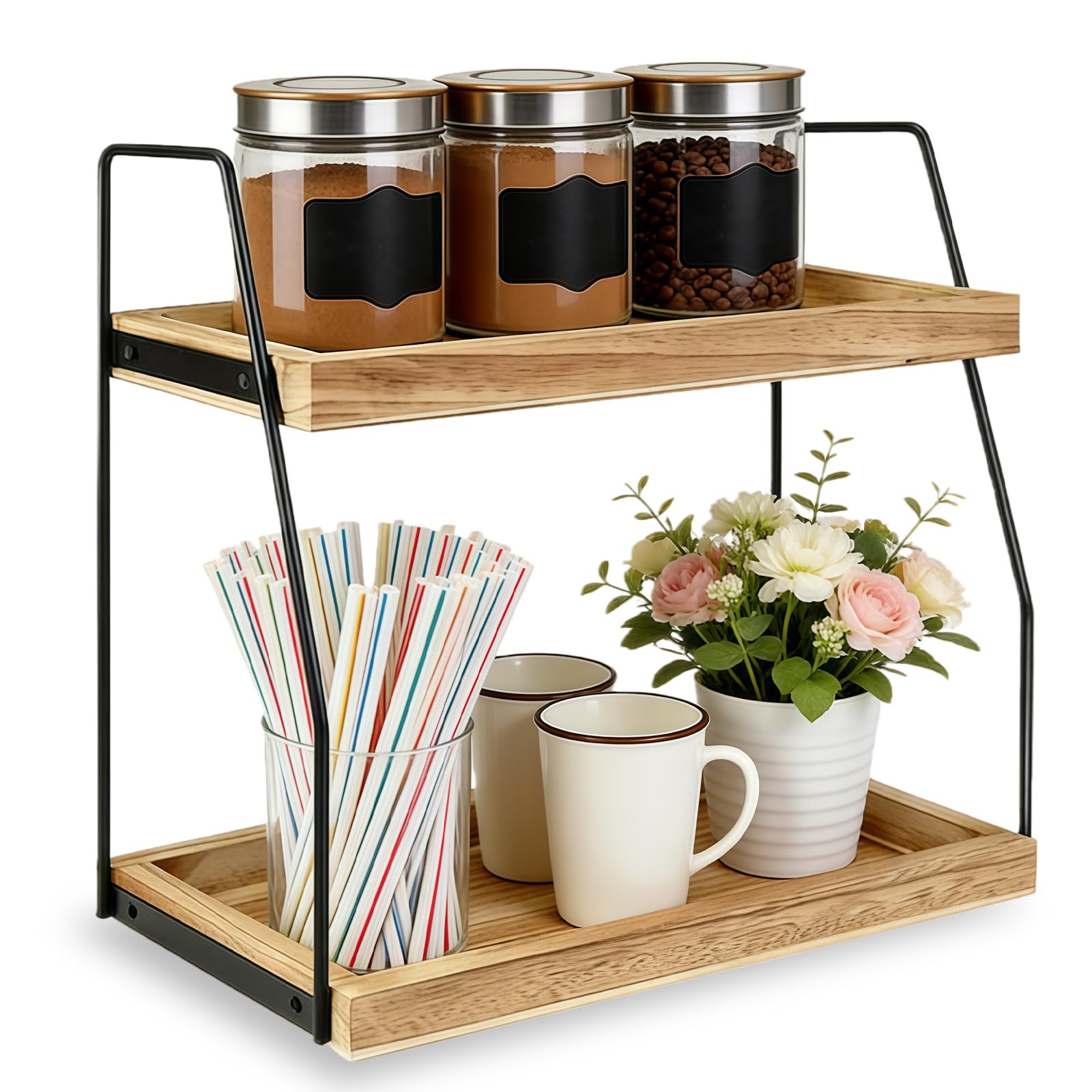 MEETOZ Coffee Station Organizer for Countertop, 2 Tier Coffee Bar Accessories and Organizer, Wooden Kitchen Counter Shelf, Spice Rack, for Kitchen, Home, Office, Bathroom
