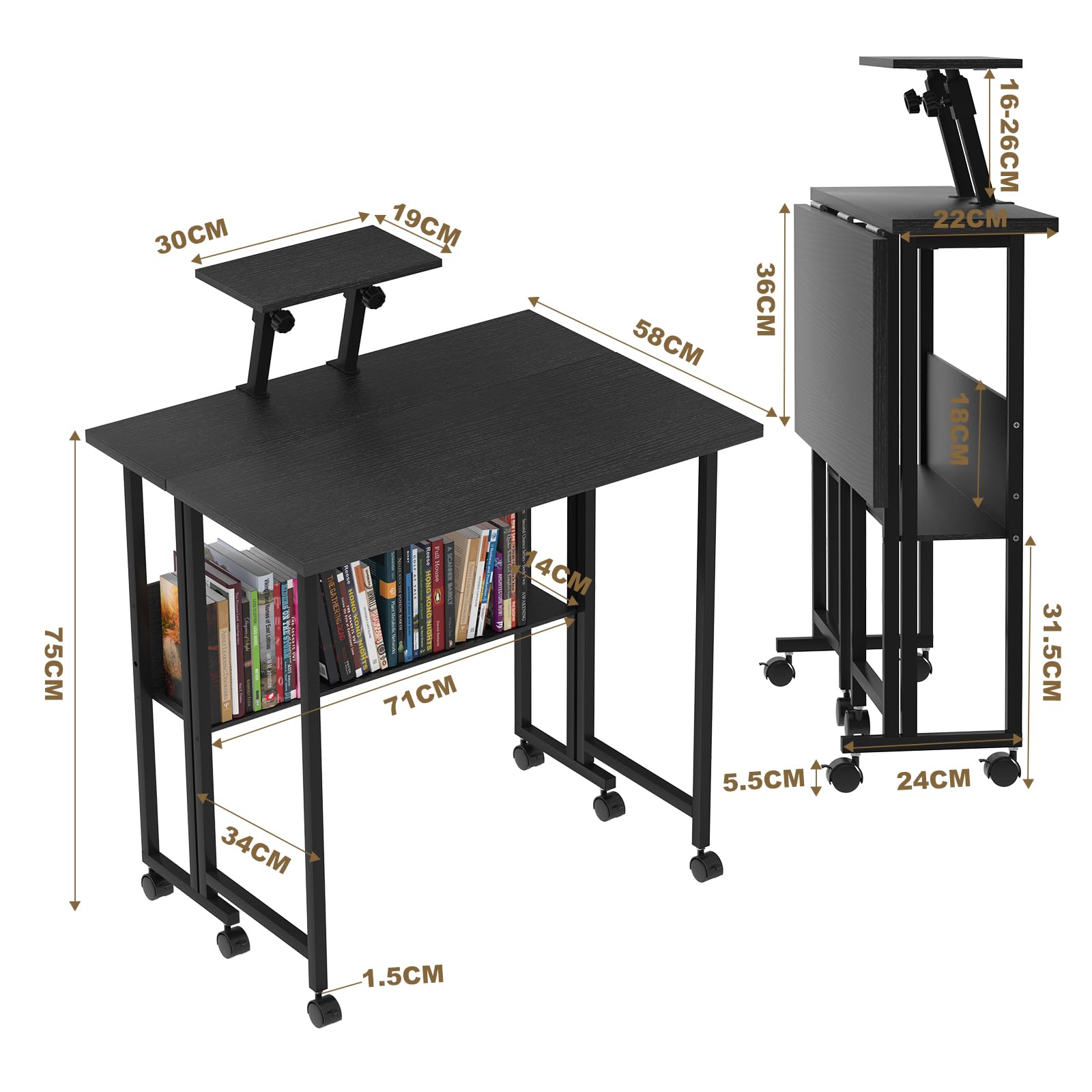 Scrivania Salvaspazio, Scrivania Computercon 6 Ruote, Scrivania Richiudibile, Struttura in Metallo, Moderna e Semplice per ufficio, Studio, Camera da Letto 80x58x75 cm