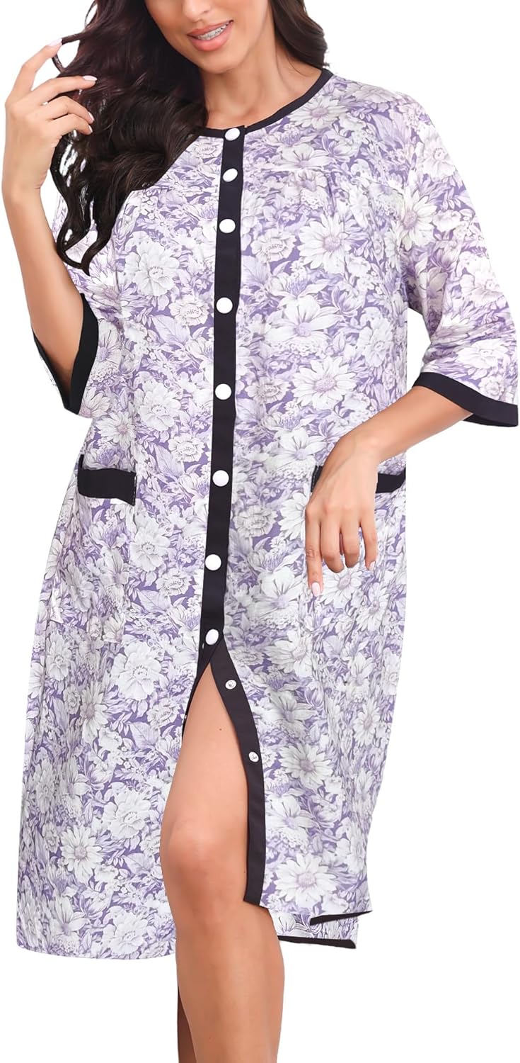 Bloggerlove House Dress Women Cotton Snap Front Nightgown 3/4 Sleeve Housecoat Duster Robe with Pockets Moomoo Patio Dress - Image 5