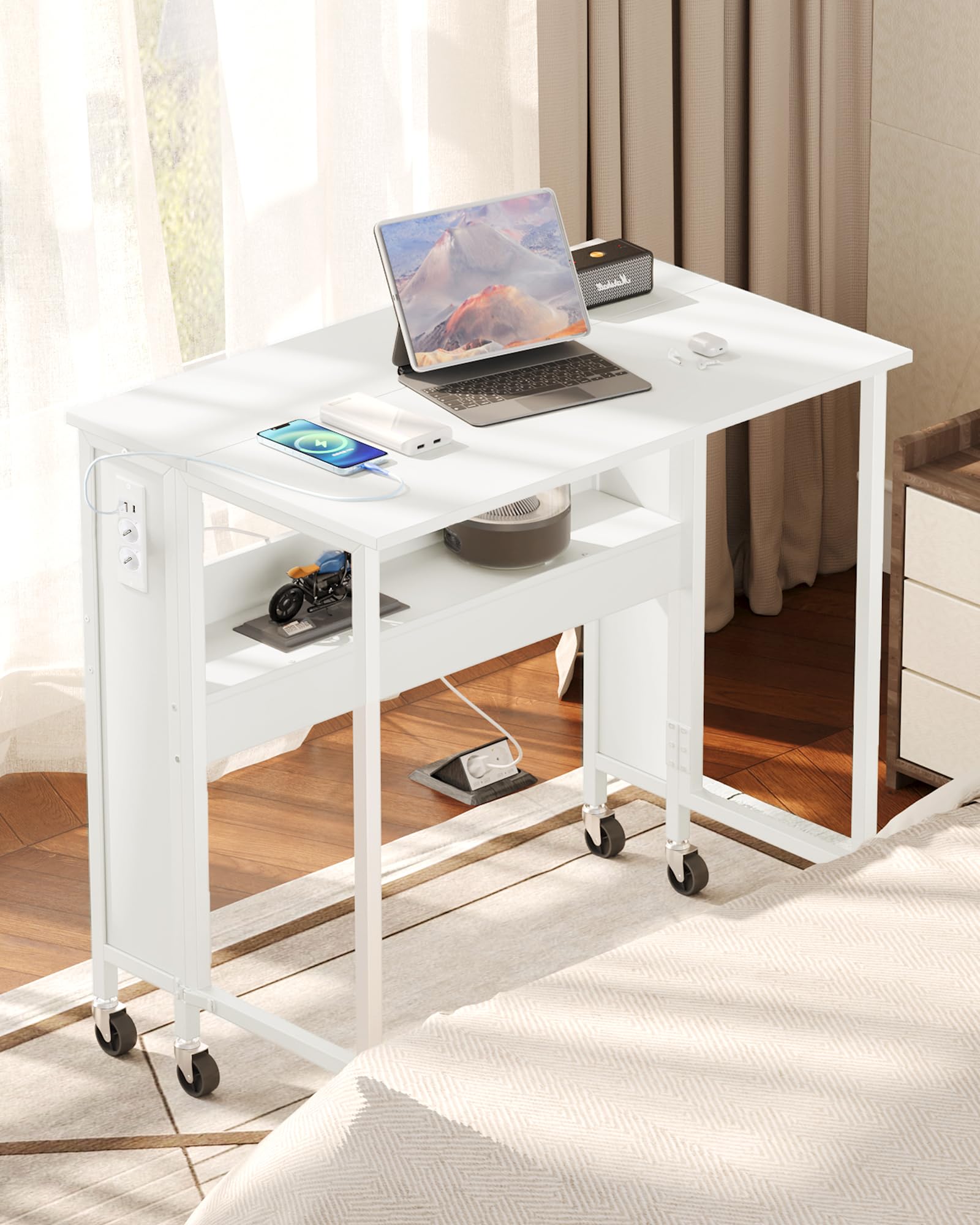 CHOEZON Tavolo pieghevole per computer con ruote, piccolo tavolo pieghevole con base di ricarica, 80 cm, scrivania pieghevole per piccoli spazi, soggiorno, camera da letto, bianco DTDN01CWB