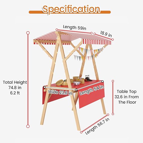 JYHHCYS Wood Street Food Cart On Wheels, 42in 54 in Length Foldable Street Food Cart for Business, Country Market Flower Cart Display Stand with Awning for Festivals/Party(Dark Green,Long 54 in)