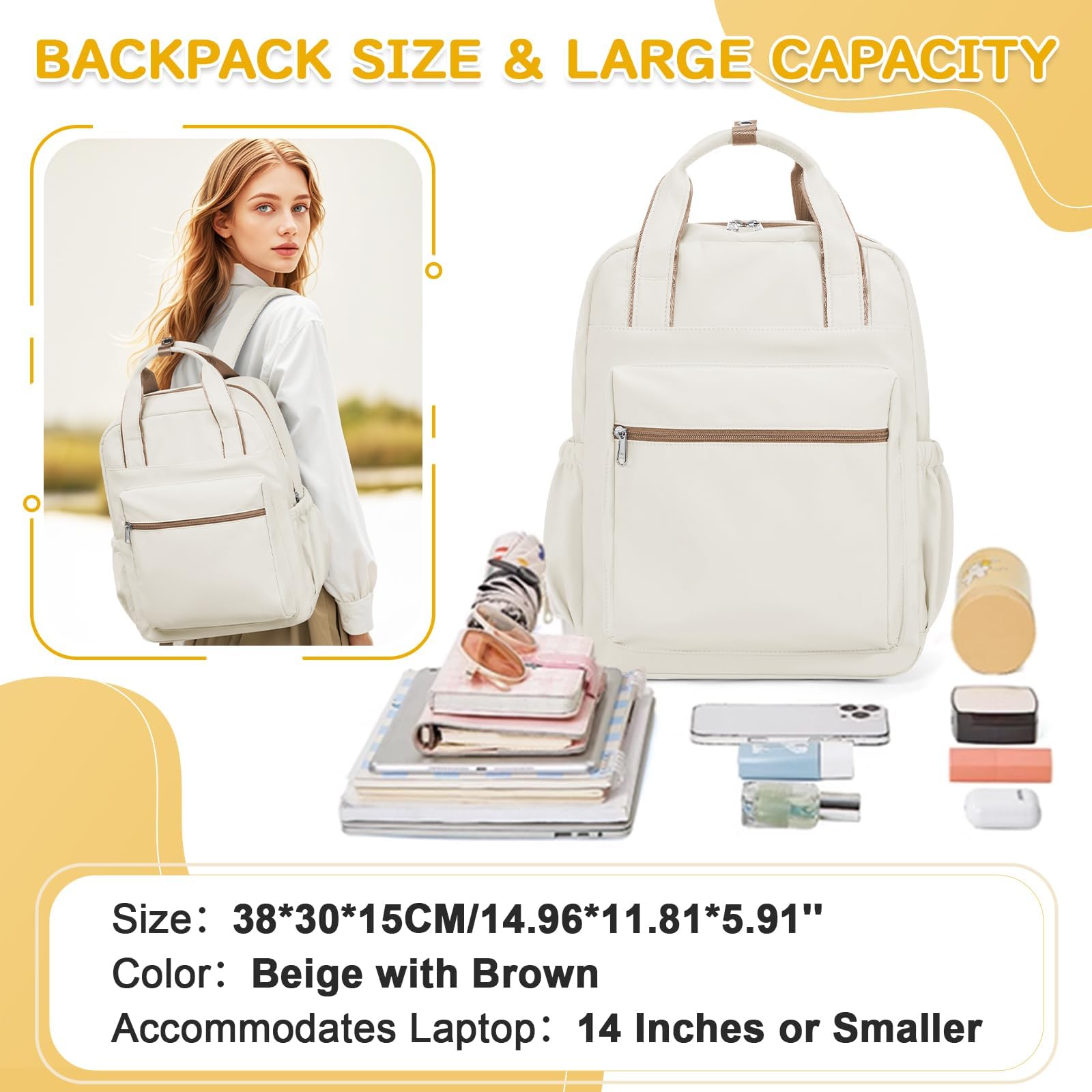 HYC00 Zaino Donna Scuola,Zaino Donna Casual Zaino Scuola Superiore Ragazza Zaino Università Zainetto Cartella, Impermeabile Zaino Porta PC 14 Pollici Zaino per Scuola Media Ragazza Ragazzi Backpack