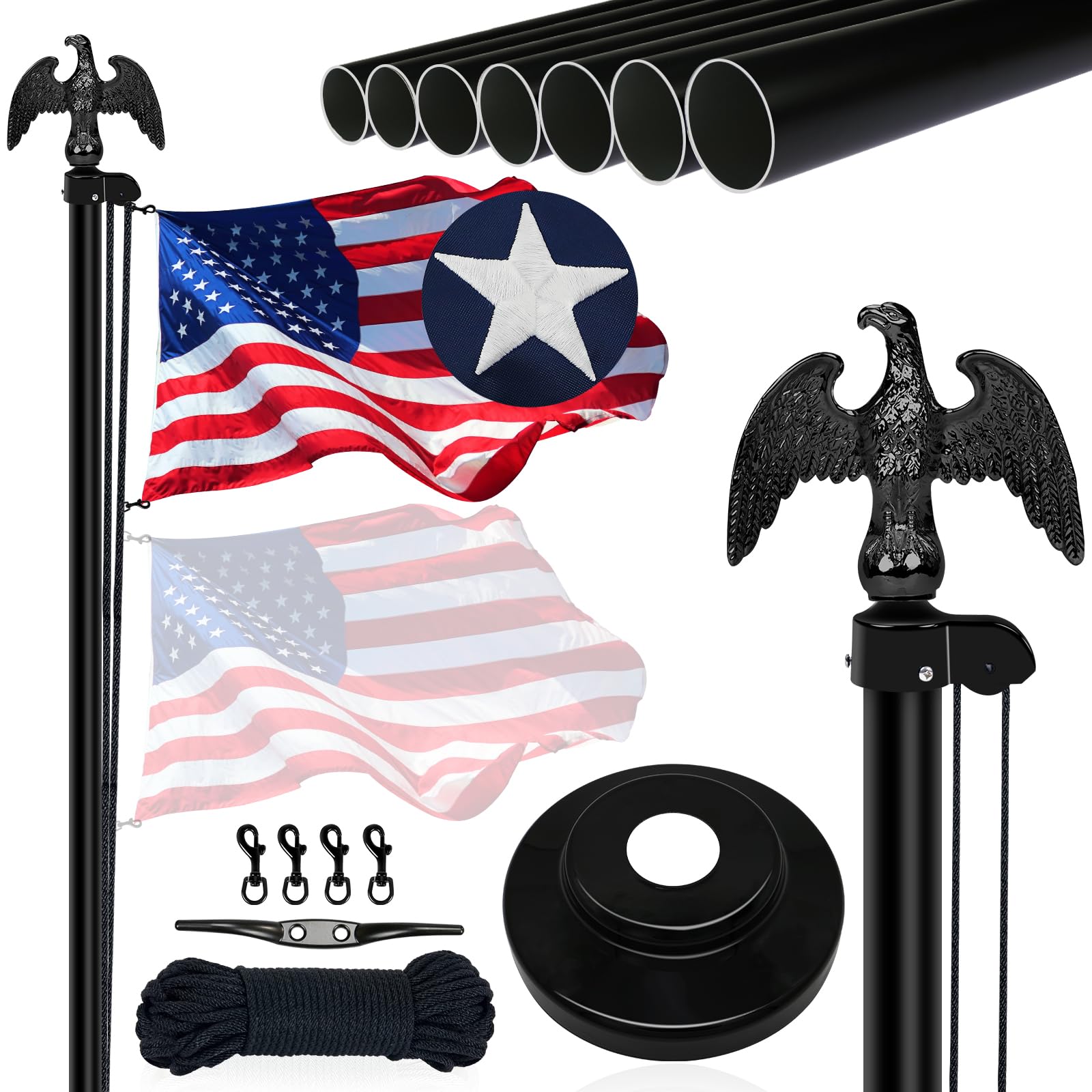 NQ Flag Pole for Outside House 20FT Flag Pole Kit with Eagle Topper, Sectional Heavy Duty Aluminum Flagpole Outdoor in Ground with 3x5 Flag, Flagpole for Residential,Commercial(Black)