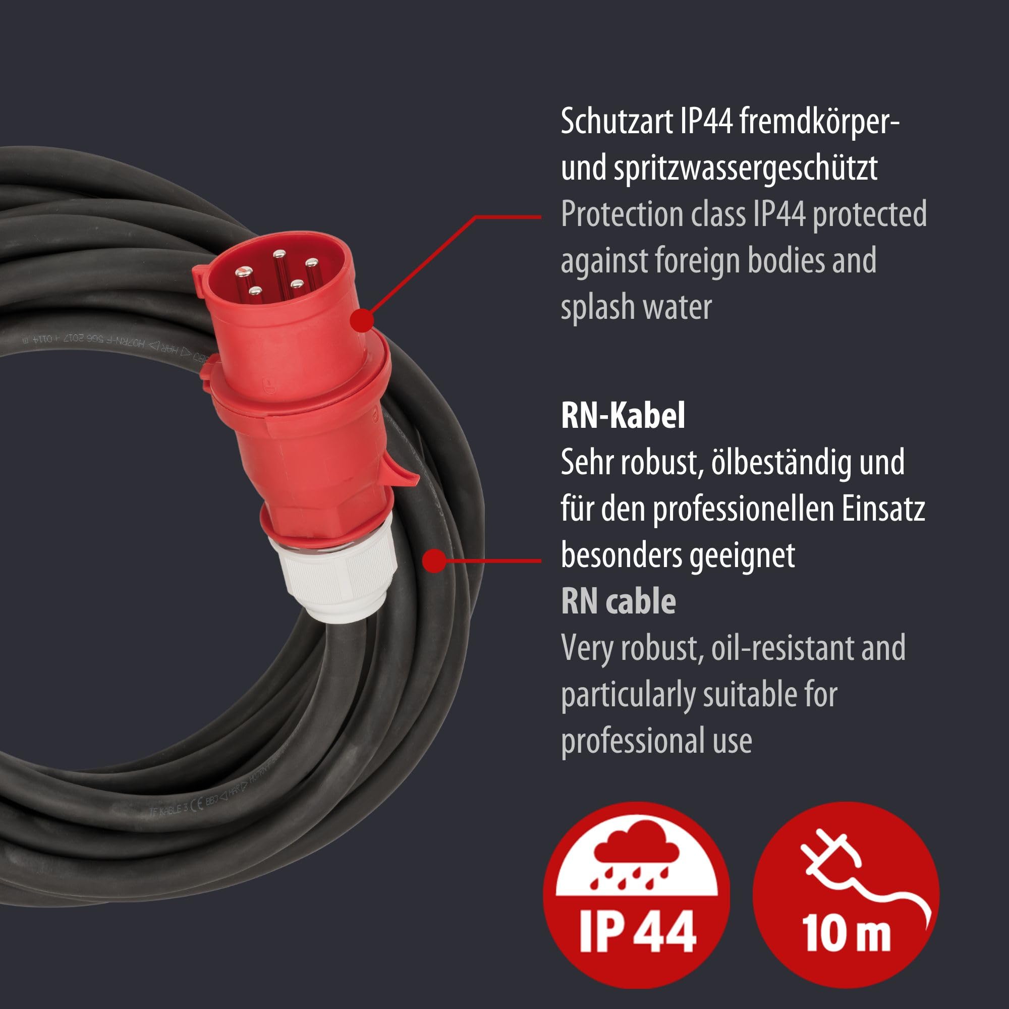 Brennenstuhl Professional Cable alargador CEE IP44 (Cable de 10m, Enchufe y Acoplamiento CEE, CEE 400V/63A, para Obras y Trabajo con Alta tensión, Fabricado en Alemania) | H07RN-F 5G16,0, 400V/63A 5 polos con enchufe CEE y acoplamiento, para exteriores IP