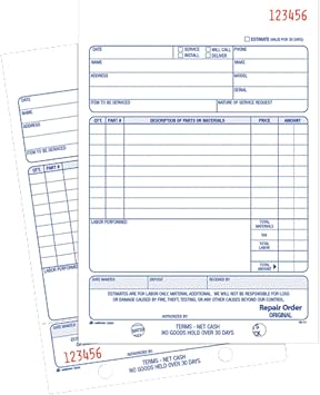 Adams Repair Order Book, Carbonless, 2-Part, White/White, 5-9/16 x 8-7/16 Inches, 50 Sets D5084