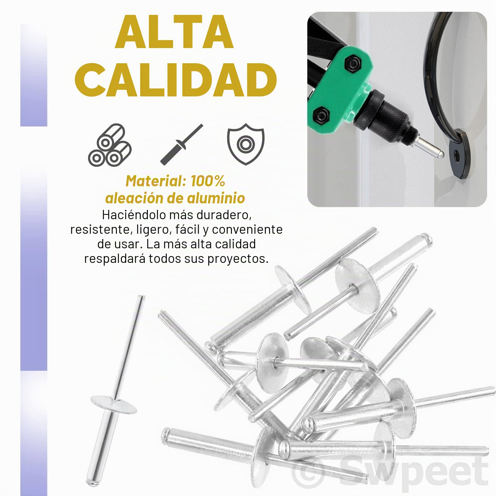 Swpeet 261 Pistolas de Remache Pop de 3/16 Pulgadas 1/8 Pulgadas 5/32 Pulgadas M3.2/4/4.8 de 13 Pulgadas y 3 Cabezales de Remache Intercambiables con Brida Grande de Aluminio, Kit Surtido de Ciegos