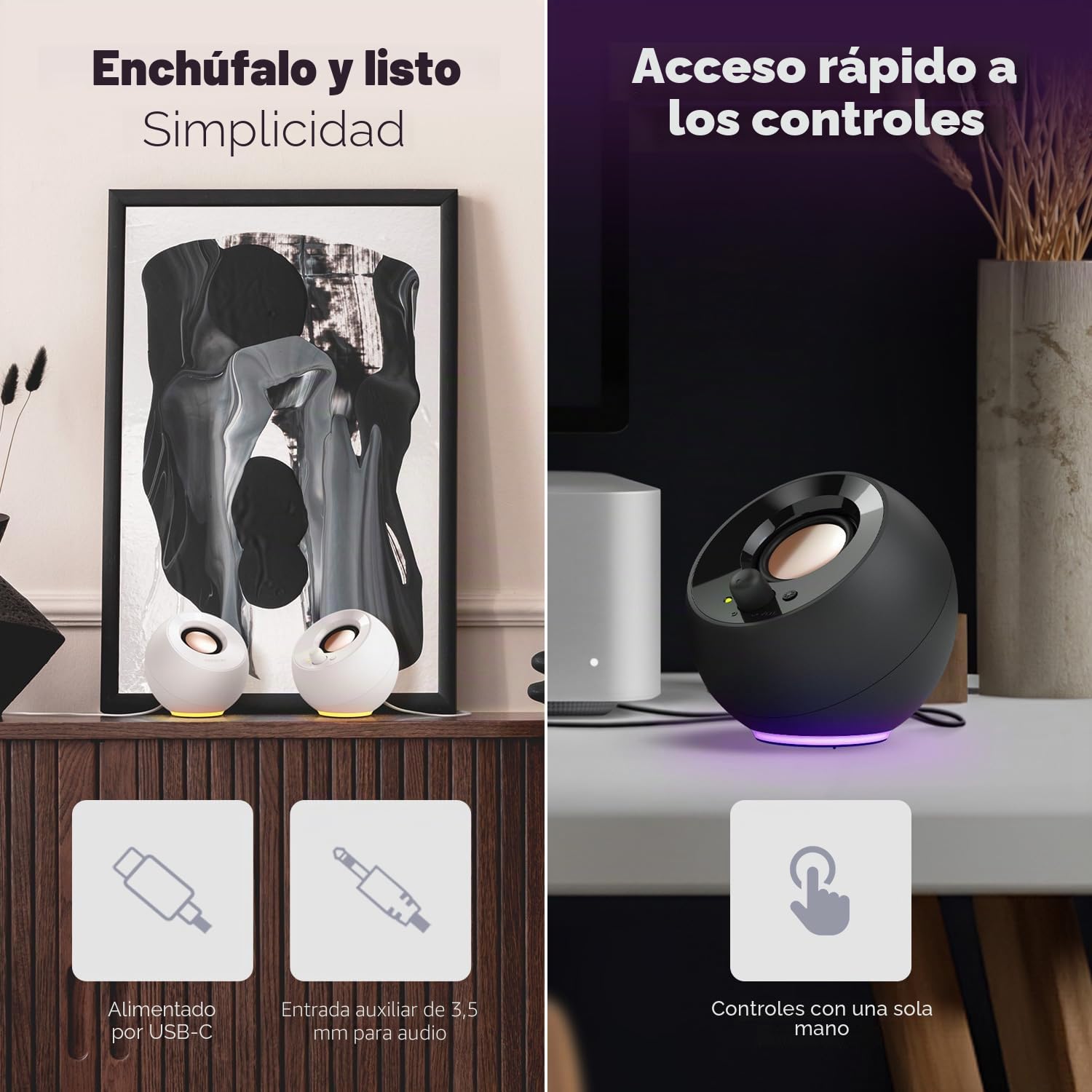Creative Pebble SE - Altavoces Minimalistas 2.0 USB-C para PC con iluminación RGB, Entrada Auxiliar de 3.5 mm, hasta 4.4 W de Potencia RMS para computadoras y portátiles (Blanco)