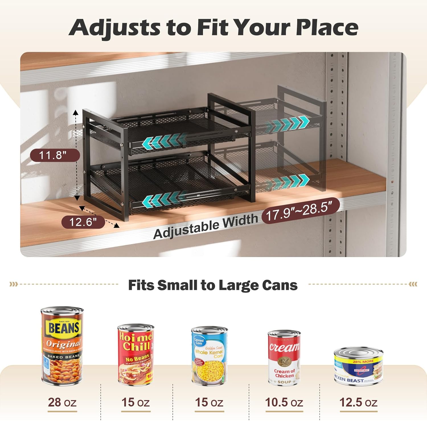 iSPECLE Extendable Can Organizer for Pantry, Adjustable Width Can Storage Organizer for 96 Cans, Heavy Duty Auto Rolling Dispenser Rack, Stackable Metal Shelf for Soup Spices Snacks, Black