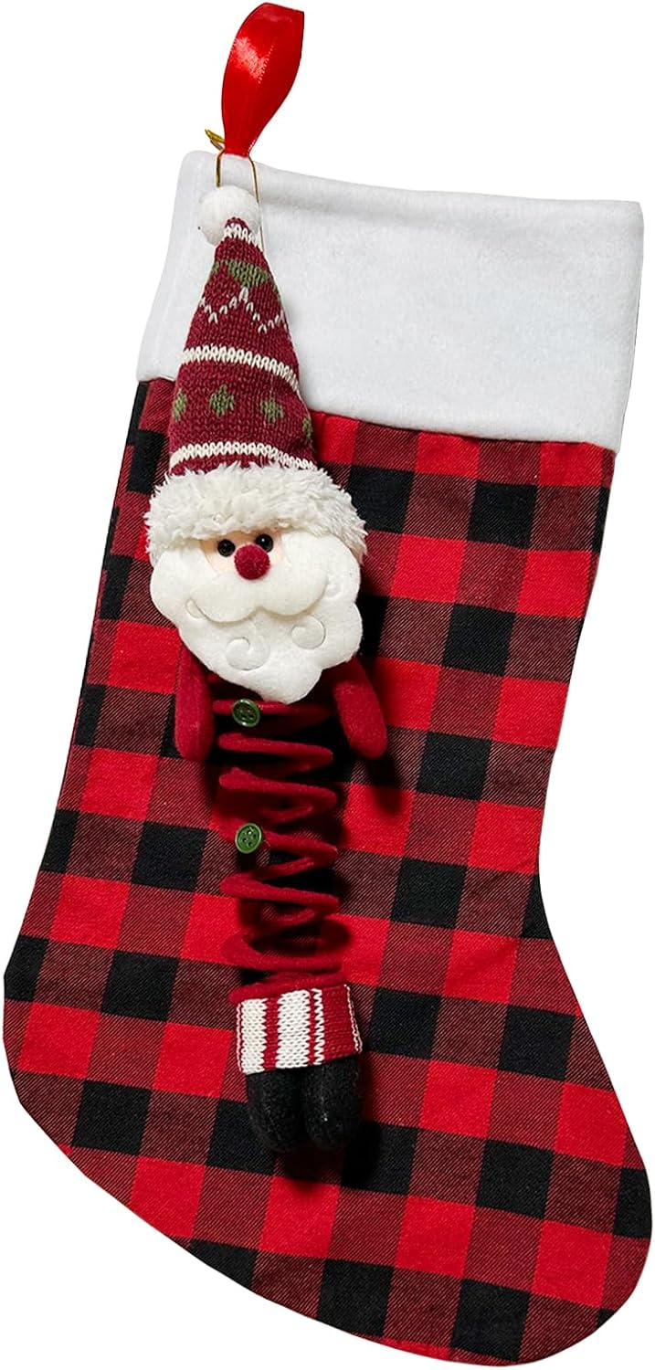 Plaid Christmas Stockings with Santa Large Black Red Buffalo Plaid Christmas Stocking 17.32 Inch with Santa Decor Family Ornament for Xmas Holiday Decoration Red Plaid 17.32"